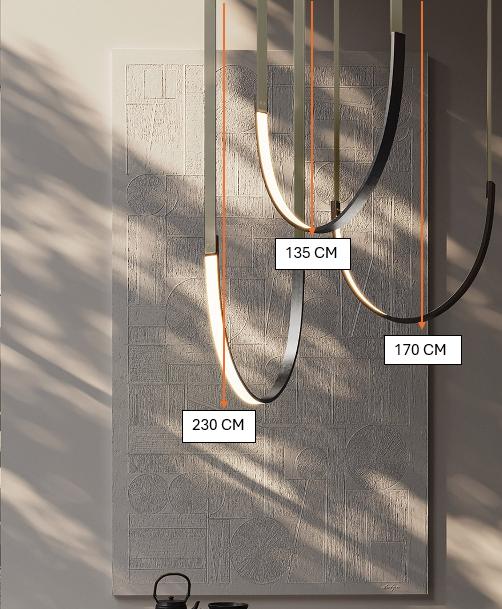 Set of three BEACON catenary leather curve pendant lamps, modern hanging lighting fixtures with curved leather accents.