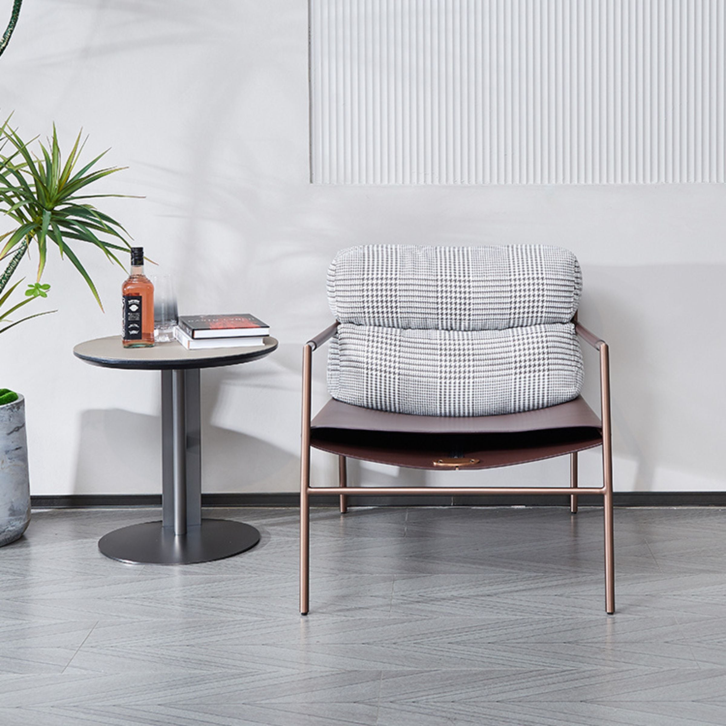 BEACON Sicily Lounge Chair in light gray and brown fabric, modern design with cushioned seat and armrests for comfortable seating.