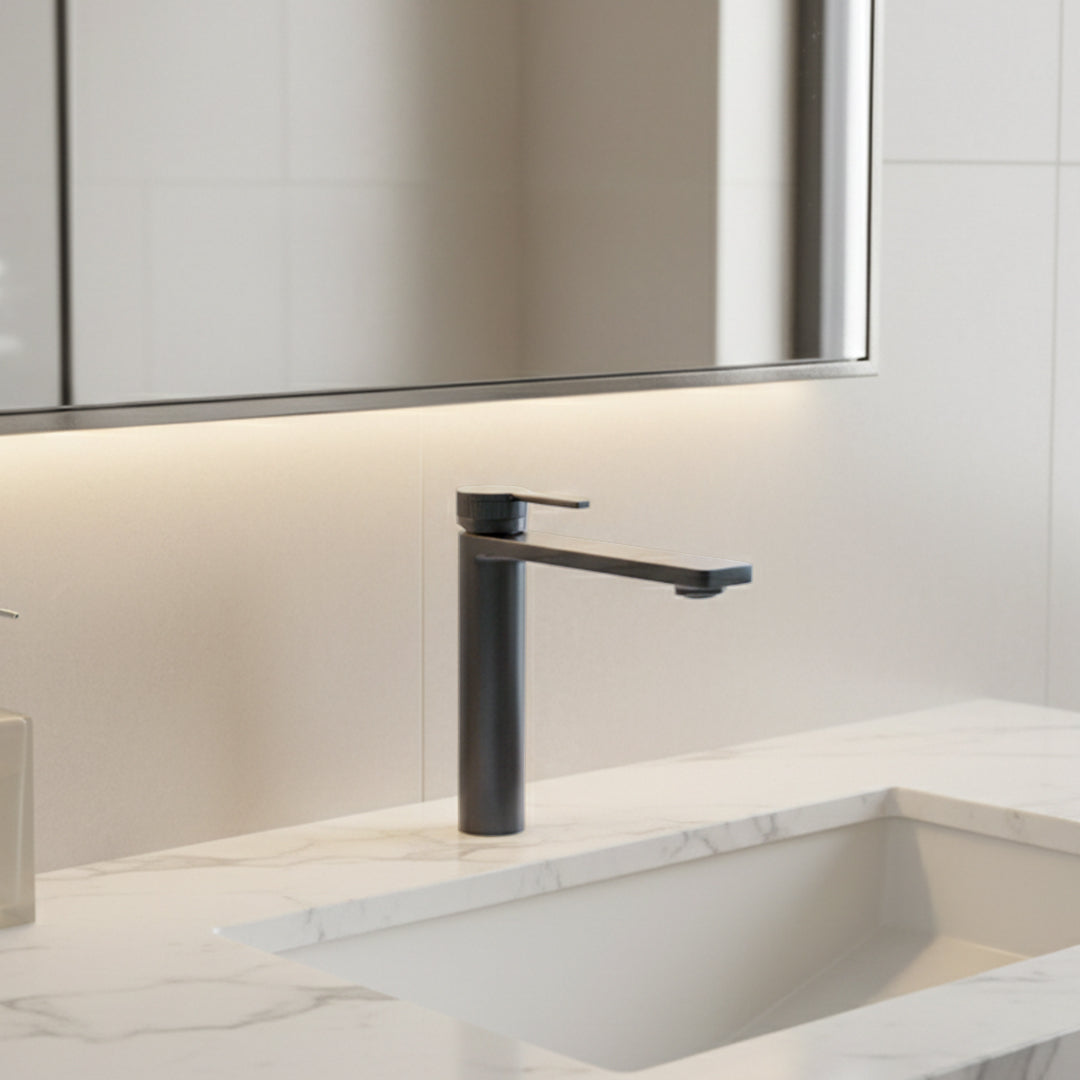 BEACON single-lever bathroom water tap with high basin mixer for modern bathroom accessories, model 15 1102AGM.