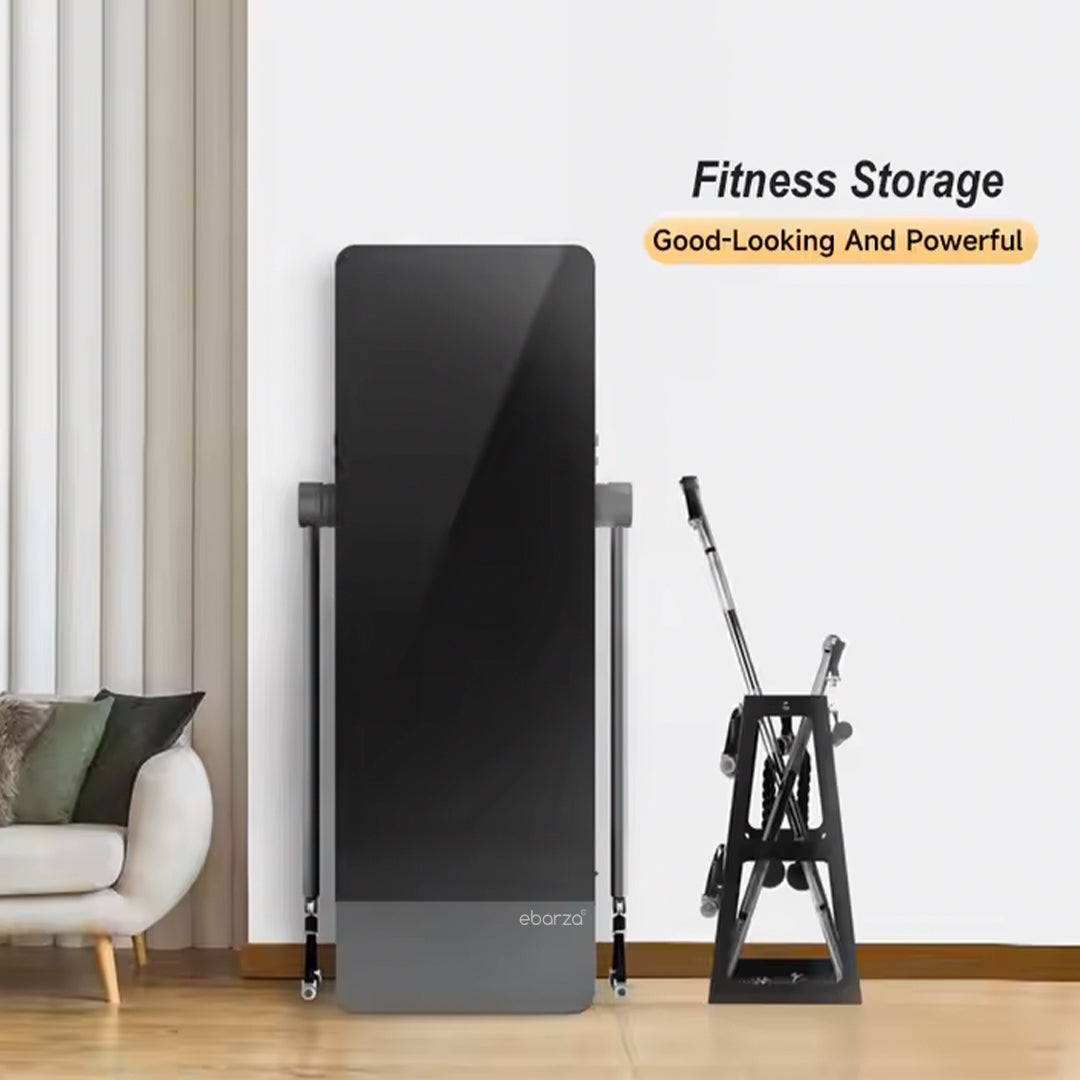 BEACON smart home gym training mirror platform with sleek reflective surface for intelligent fitness workouts.