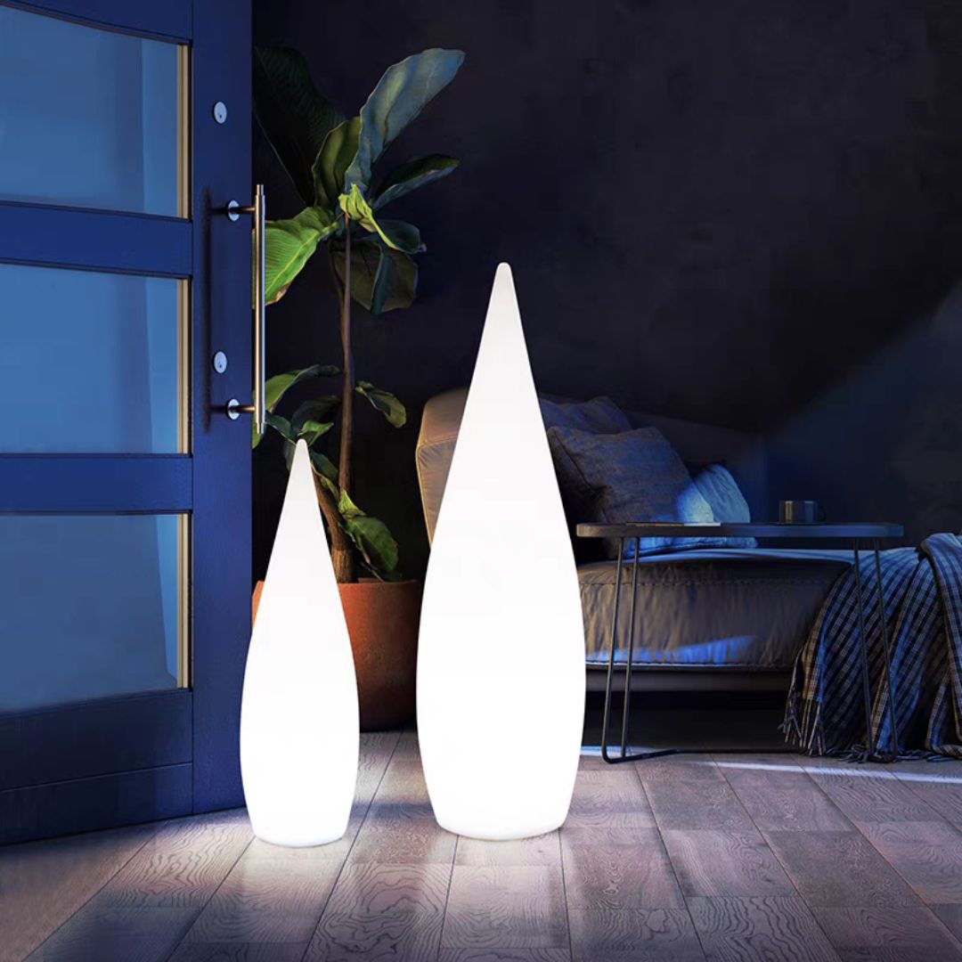 BEACON Soft Drop Resin Floor Lamp HTD-2435 with sleek design and soft lighting, standing tall as a modern floor lamp.