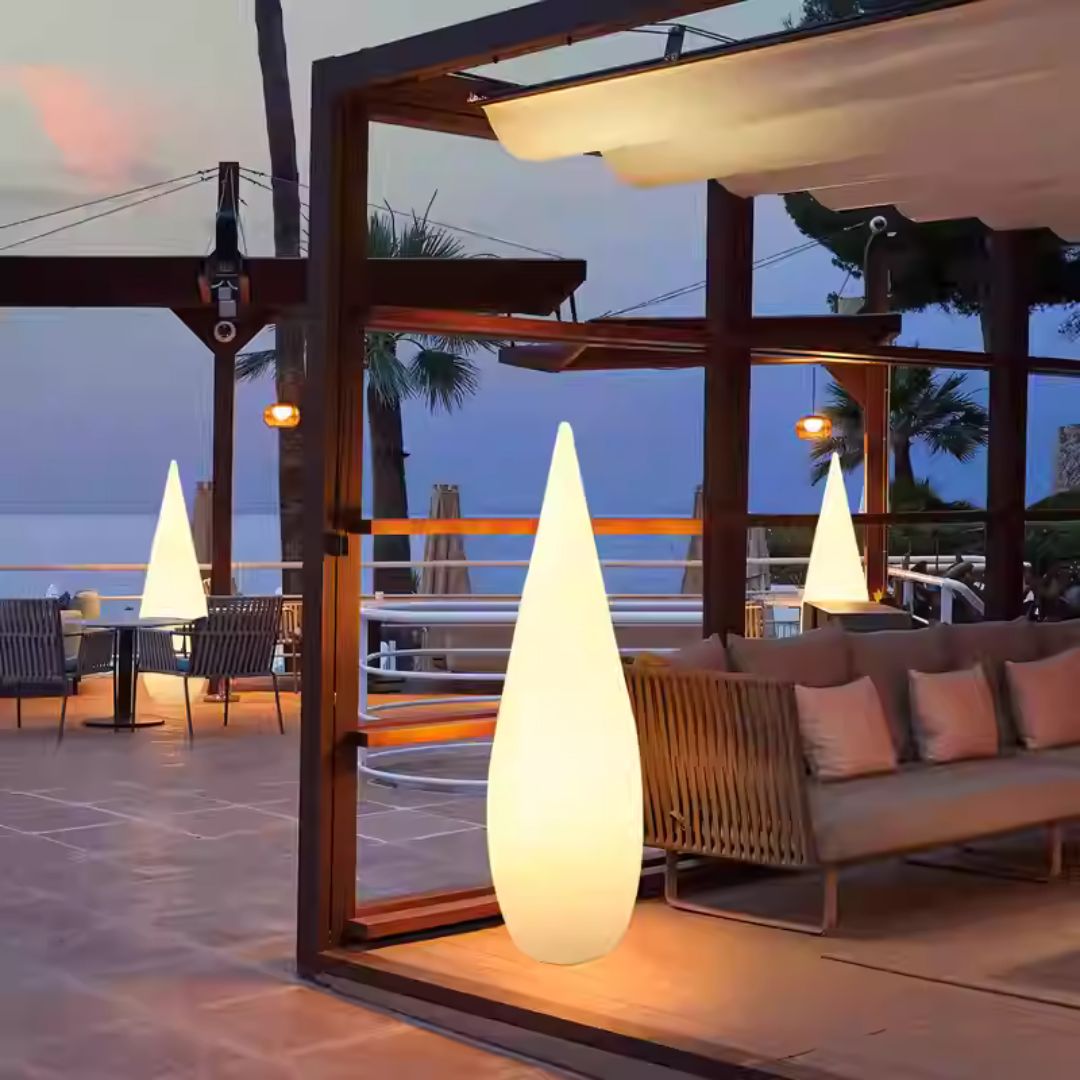 BEACON soft drop resin floor lamp HTD-2435 with a stylish curved design and soft ambient lighting.