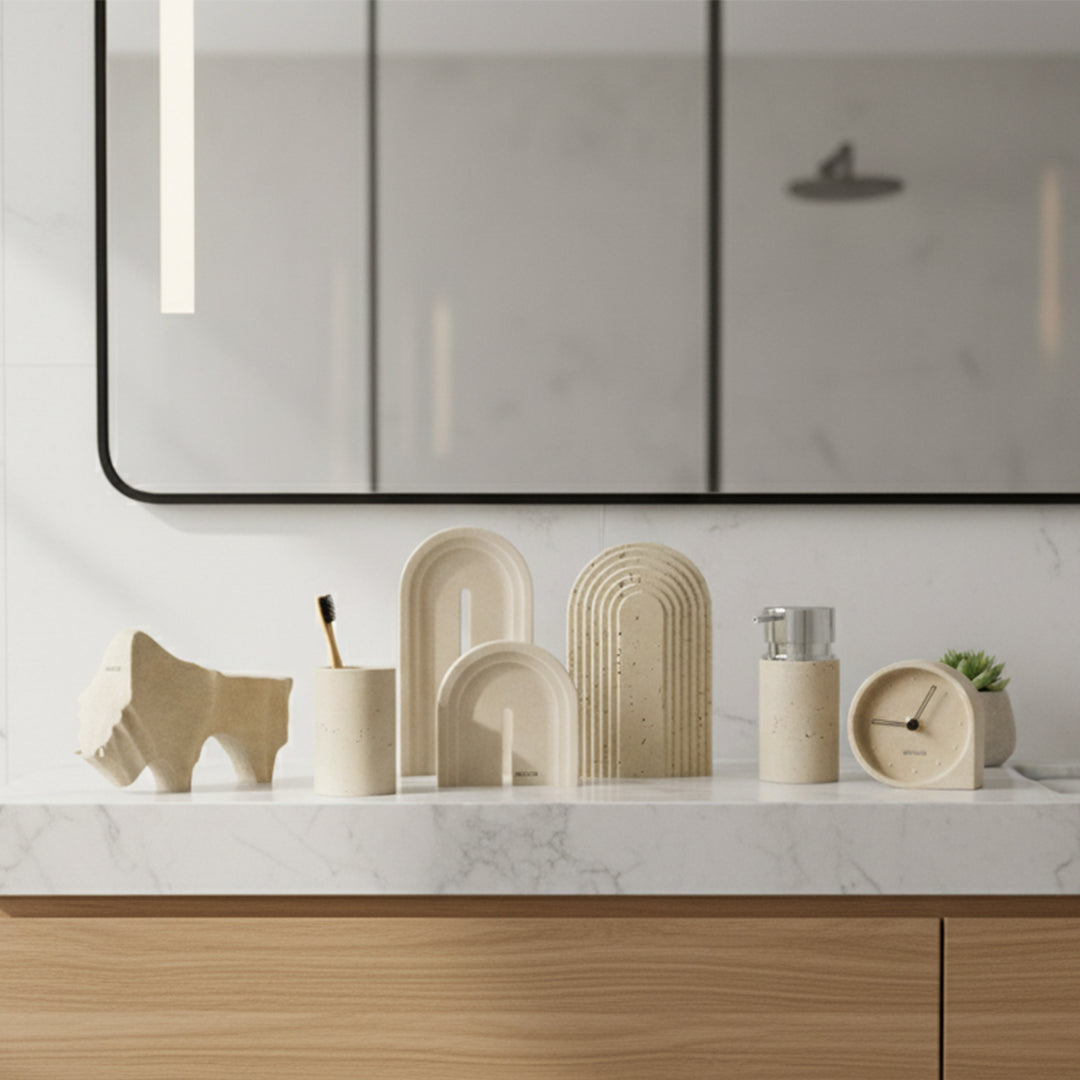 Soft sand-colored BEACON ornament tray and towel tray, made of durable material, with a smooth finish and versatile use.