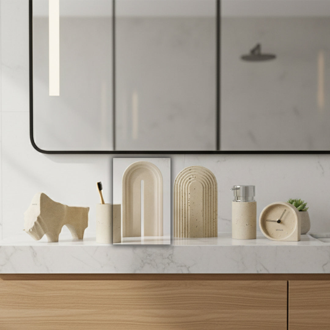 Soft sand-colored ornament tray for towels, made by BEACON, perfect for organizing bathroom or vanity accessories.