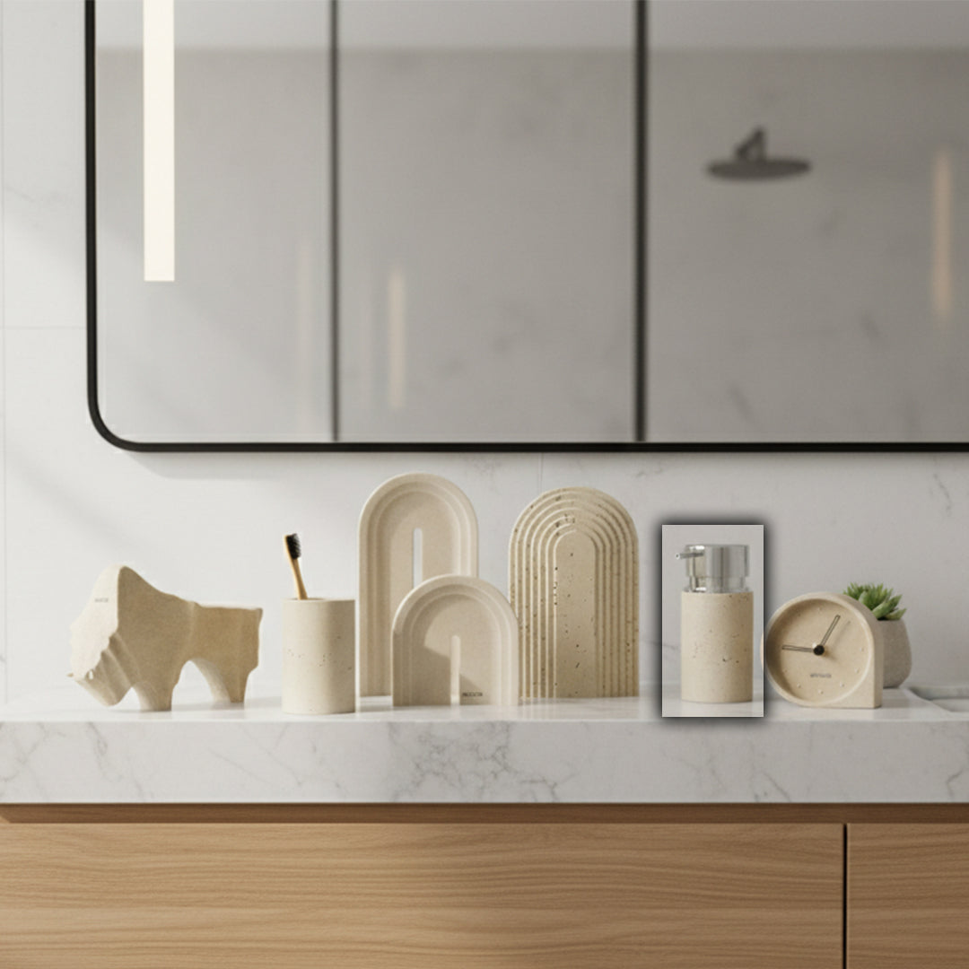 Beacon Soft Sand Soap Dispenser for bathroom accessories, with a smooth, matte finish and pump top for hand soap.