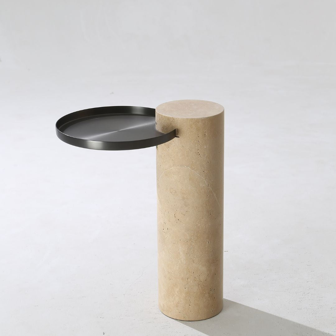 Solid travertine side table by BEACON, model ST8699-32-NEW, with a sleek, natural stone finish and modern design.