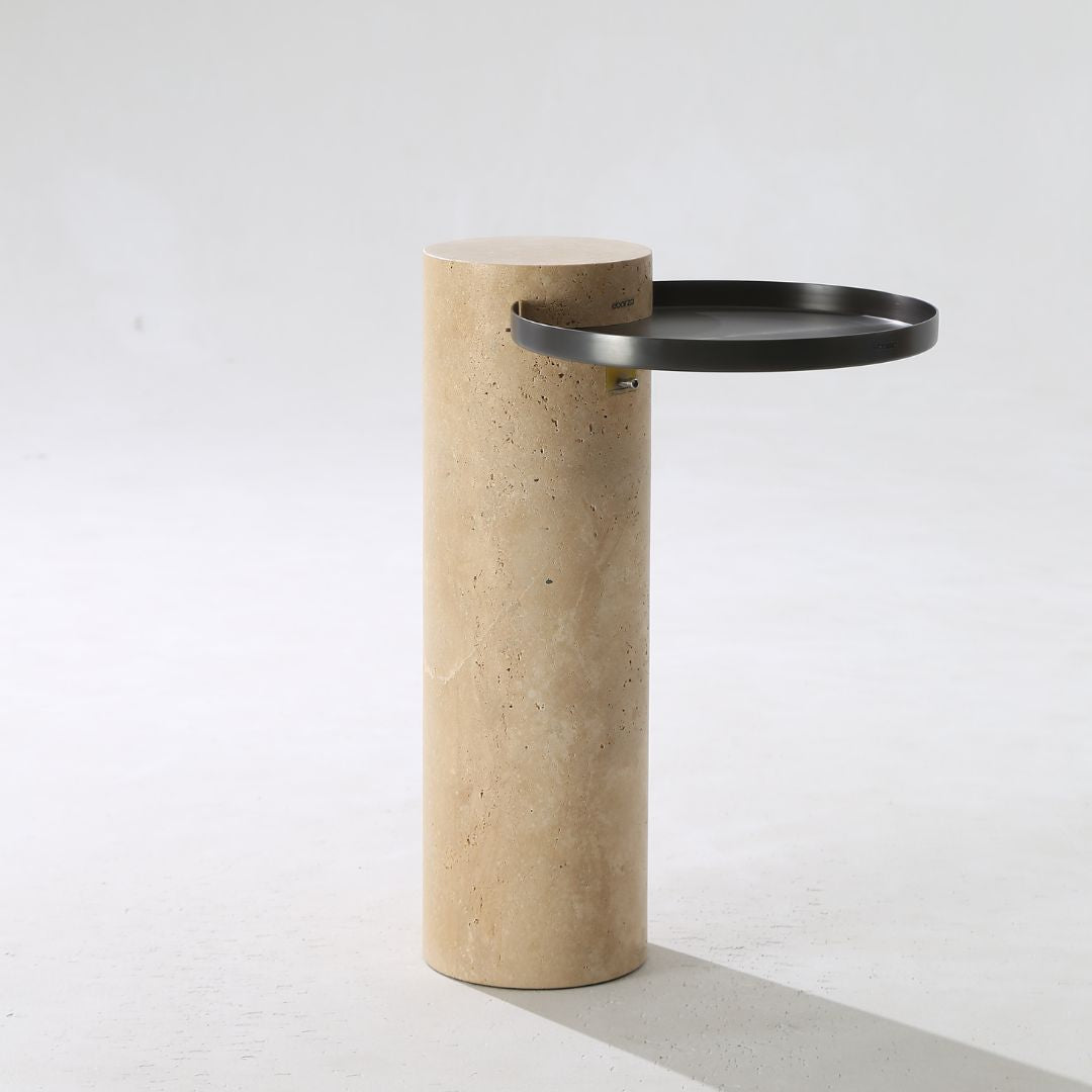 Solid travertine side table by BEACON, model ST8699-32-NEW, featuring a sleek rectangular design and natural textured surface.