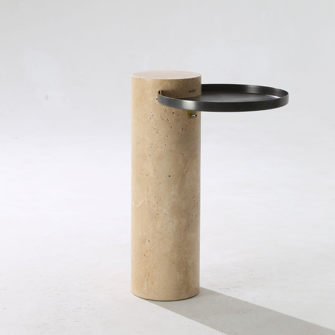 Solid travertine side table by BEACON, model ST8699-32-NEW, showcasing a sleek, natural stone surface and modern design.