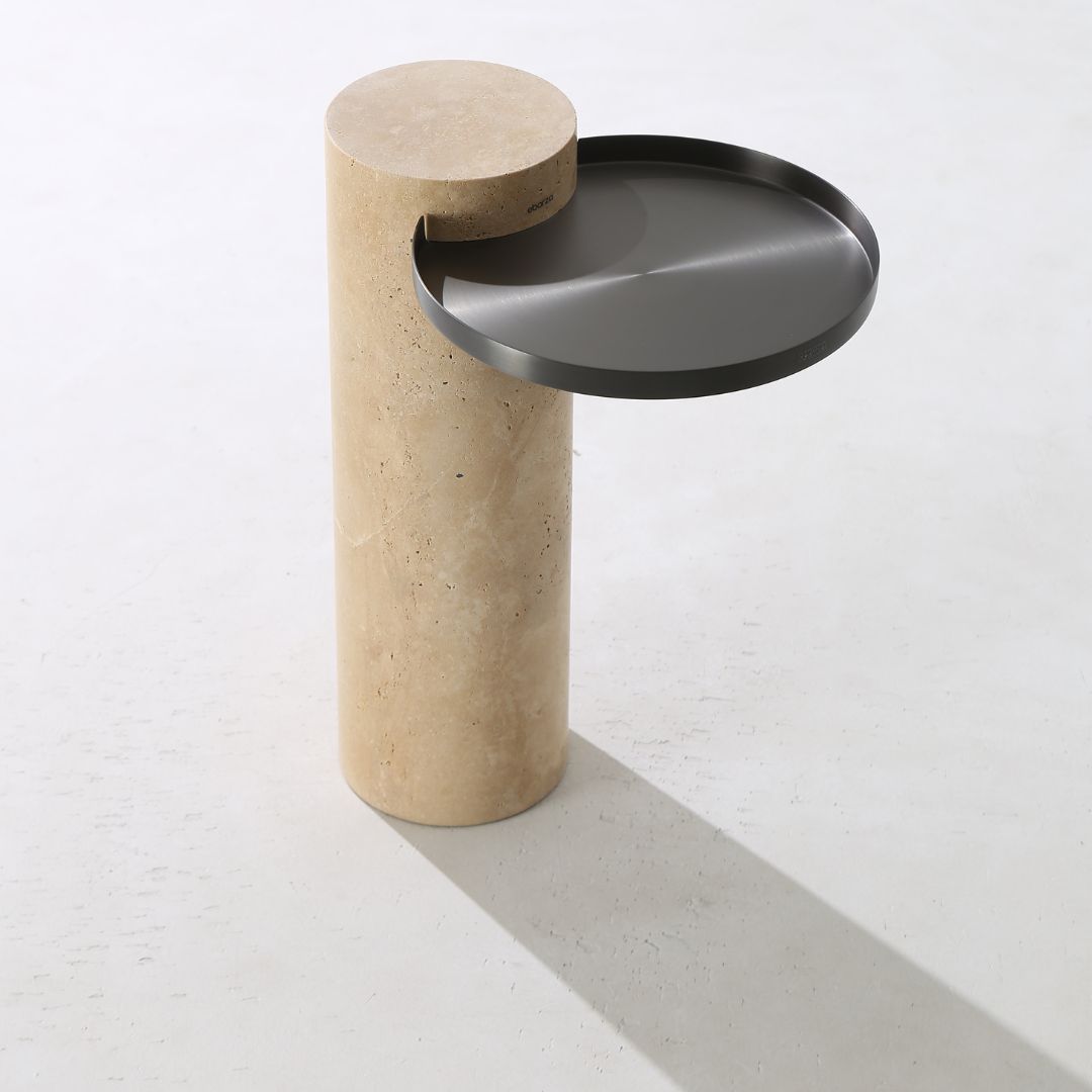 Solid travertine side table by Beacon, model ST8699-32, with a sleek, natural stone surface and modern design.