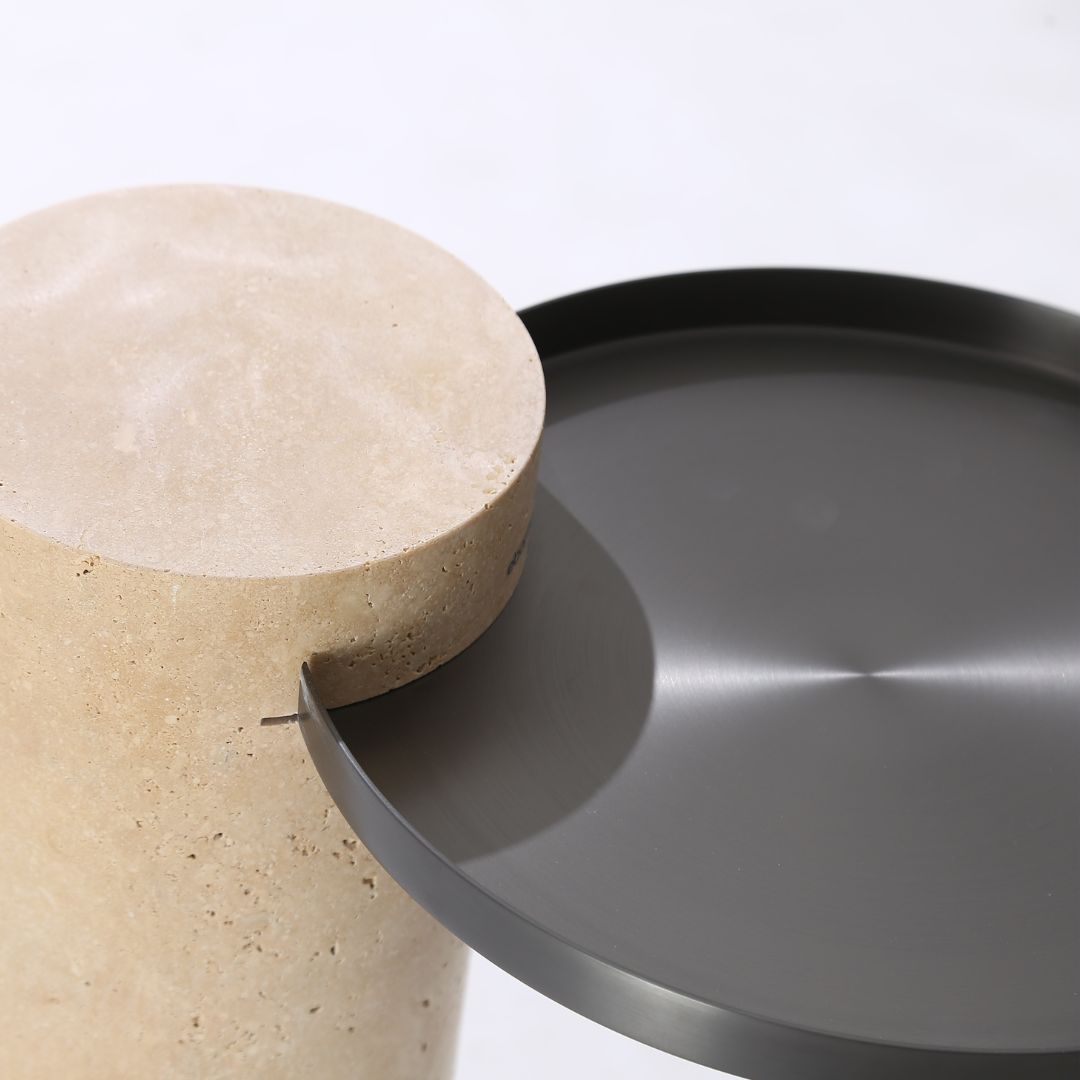 Solid travertine side table by BEACON, model ST8699-32-NEW, featuring a sleek, natural stone surface and modern design.