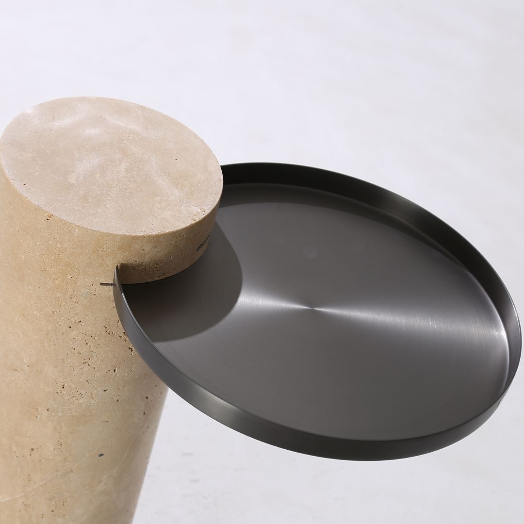Solid travertine side table by BEACON, model ST8699-32-NEW, featuring a sleek design and natural stone surface.