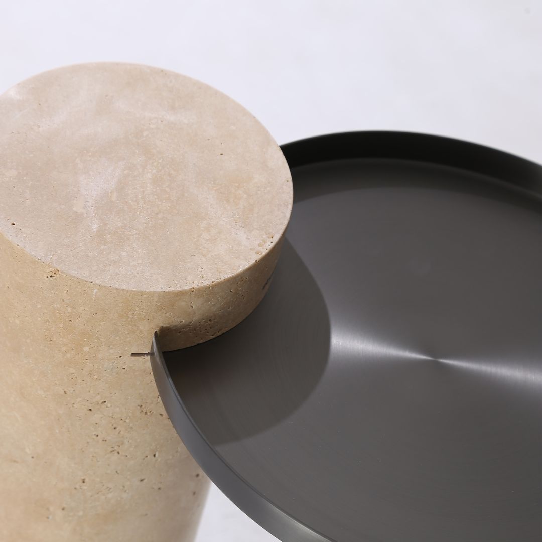 Solid travertine side table by BEACON, model ST8699-32-NEW, featuring a smooth stone surface and modern design.