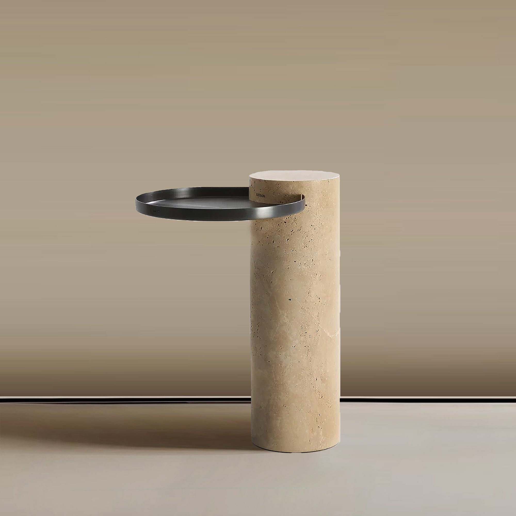 Solid travertine side table by BEACON with a sleek design, perfect for living room or bedroom decor.