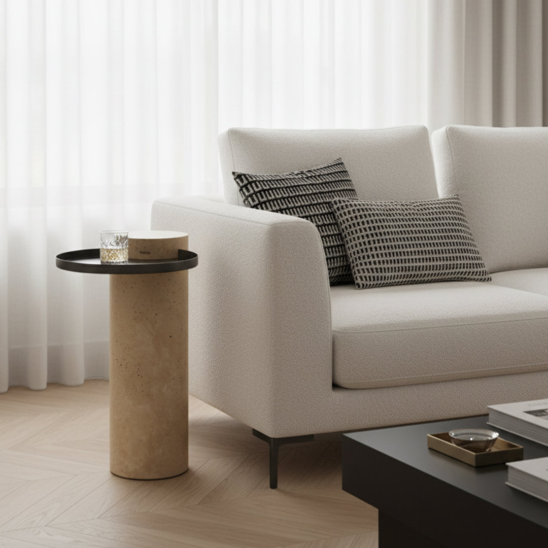 Solid travertine side table by BEACON, model ST8699-32-NEW, featuring a sleek stone surface and modern design.