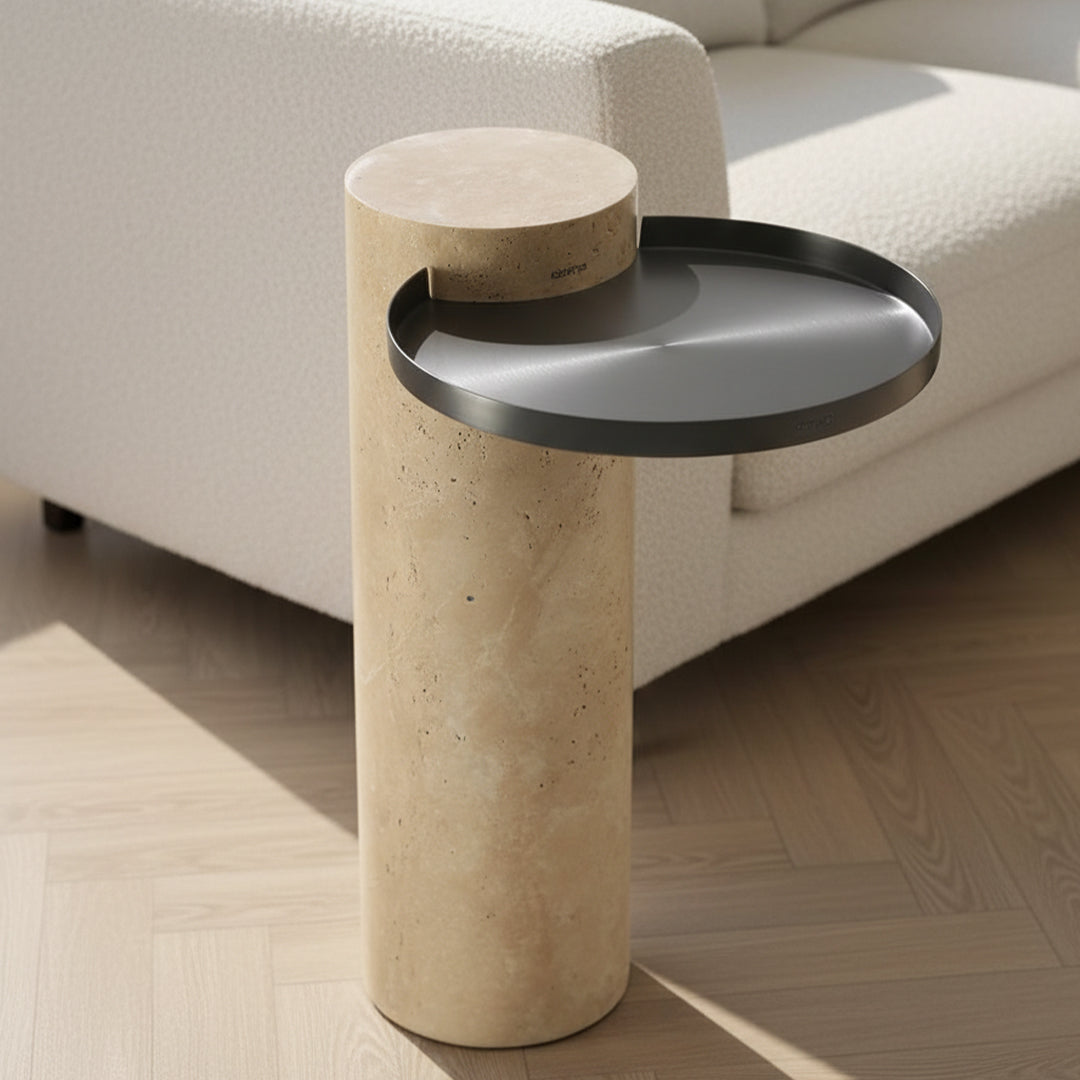 Solid travertine side table by BEACON, model ST8699-32-NEW, featuring a sleek, natural stone surface and modern design.