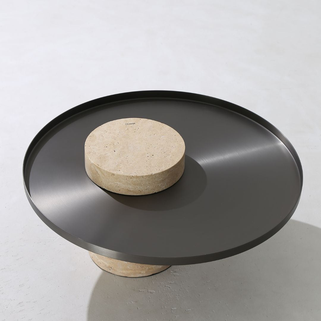 Solid travertine side table by BEACON, model ST8699-70-NEW, with a sleek stone surface and modern design for contemporary spaces.