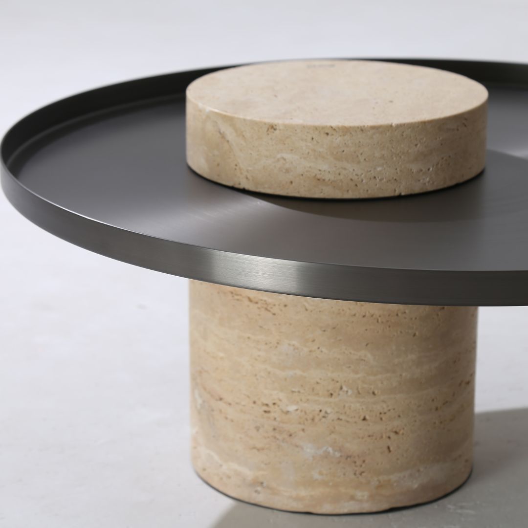 Solid travertine side table by BEACON, model ST8699-70-NEW, featuring a sleek design and natural stone finish.