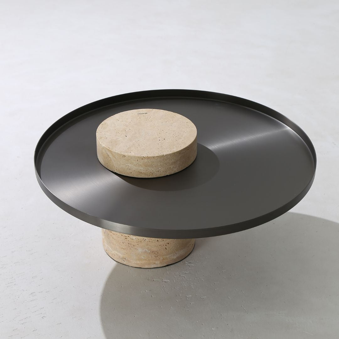 Solid travertine side table by BEACON, model ST8699-70-NEW, featuring a sleek, modern design with a natural stone finish.