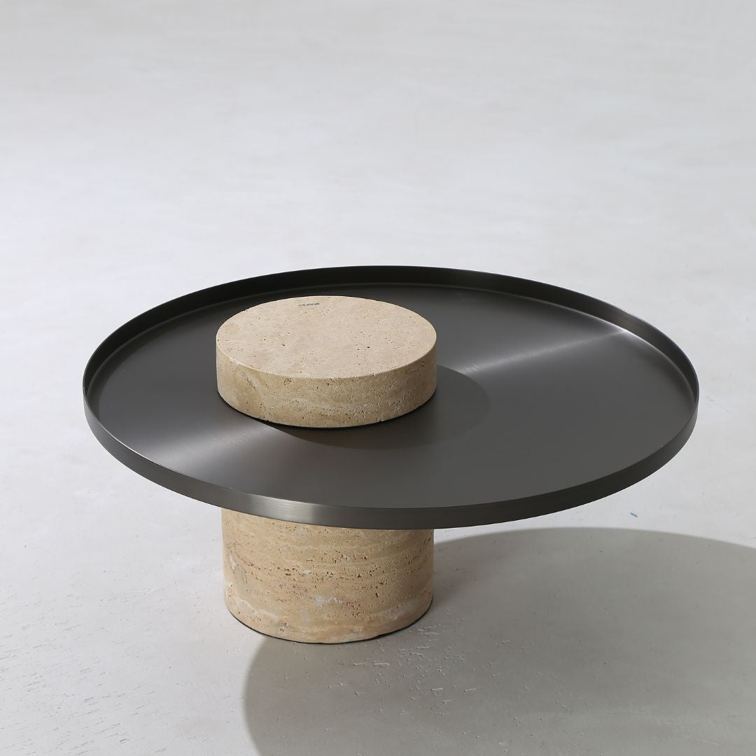 Solid travertine side table by BEACON, model ST8699-70-NEW, showcasing a sleek design and natural stone surface.