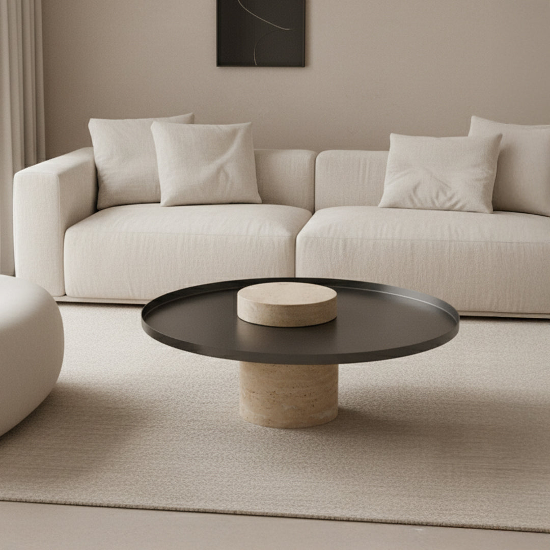 Solid travertine side table by BEACON, model ST8699-70-NEW, with a smooth stone surface and modern design for living spaces.