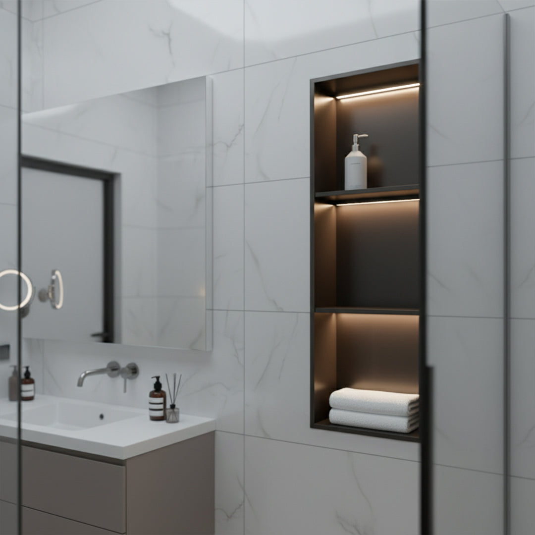 Black stainless steel niche LED profile for wall panels by BEACON, featuring sleek, modern design and integrated LED lighting.