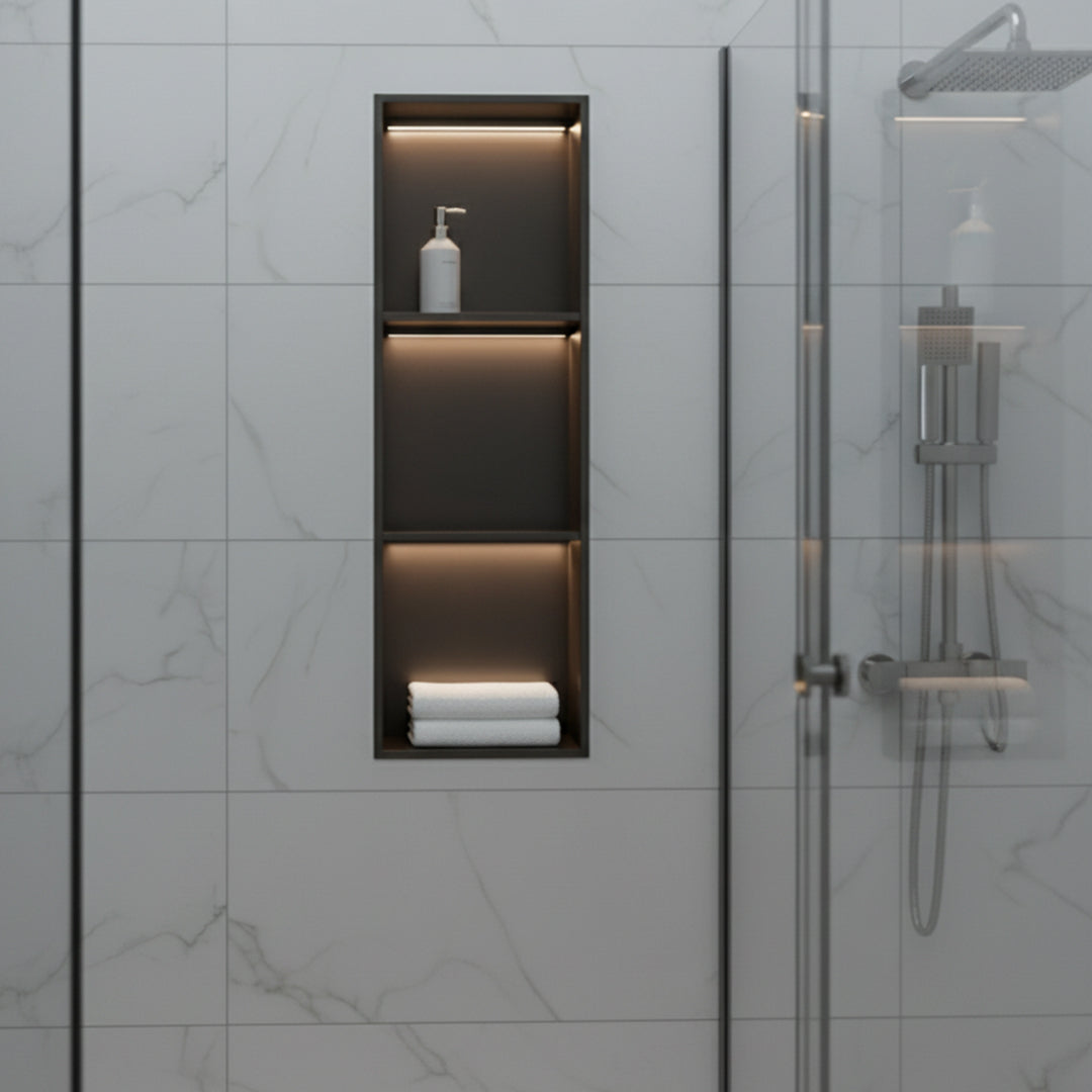 Black stainless steel niche LED profile for wall panels, sleek and modern design by BEACON, model JYF0501.