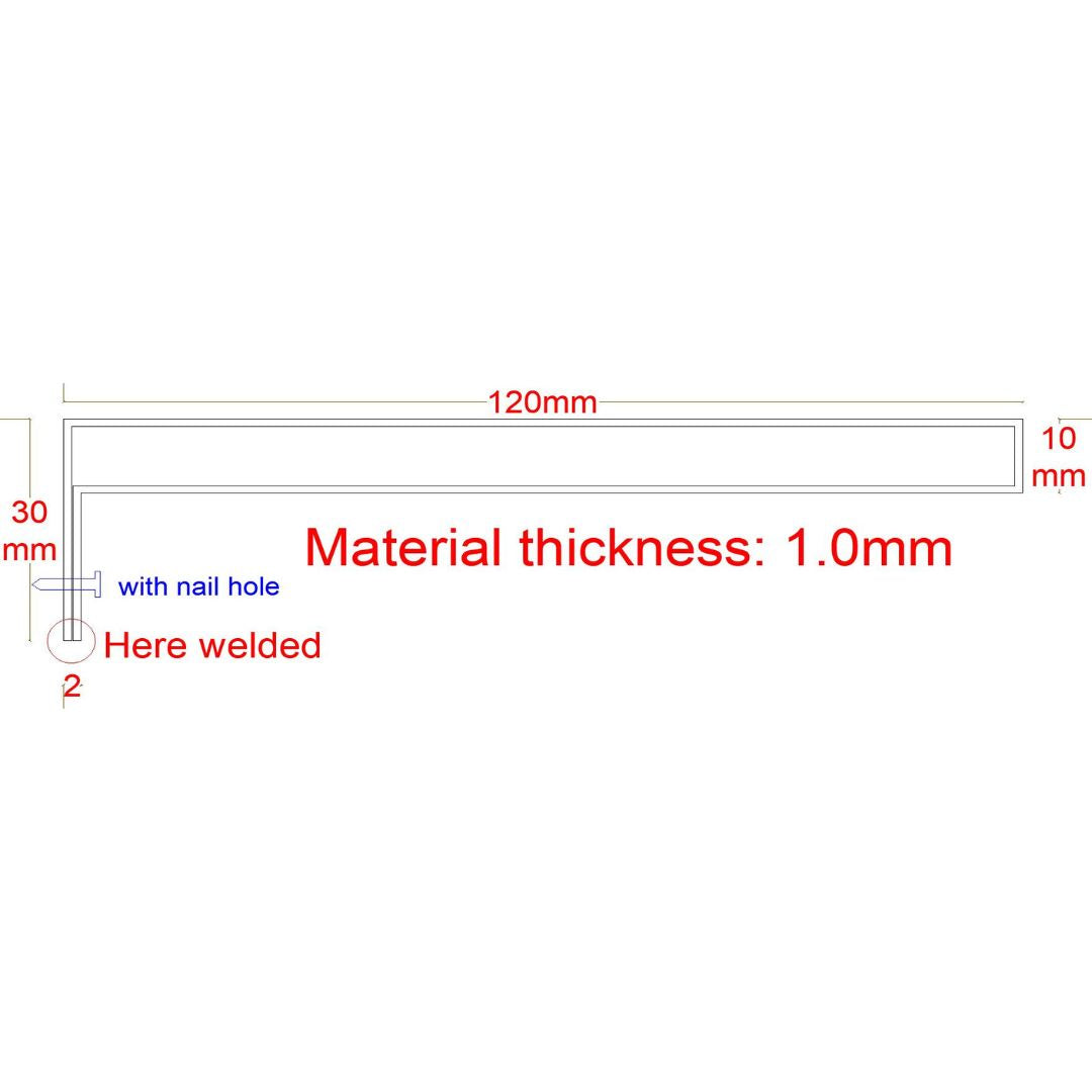 Black stainless steel shelf profile, 12cm wide, designed for wall panels, by BEACON, model JYF0505.