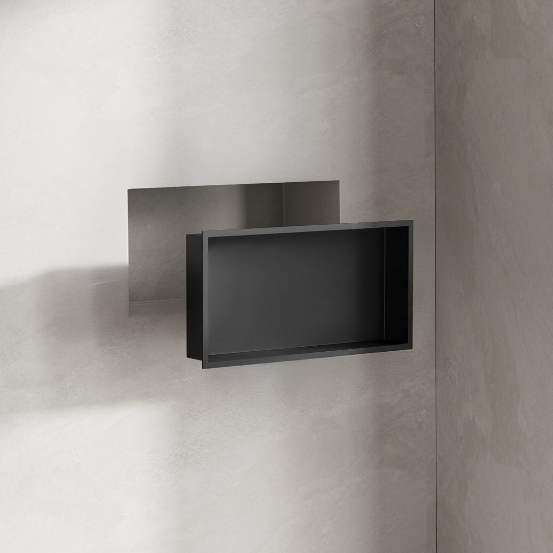 Black stainless steel shelf profile, 6cm wide, from BEACON wall panels and profiles collection, suitable for modern interior design.