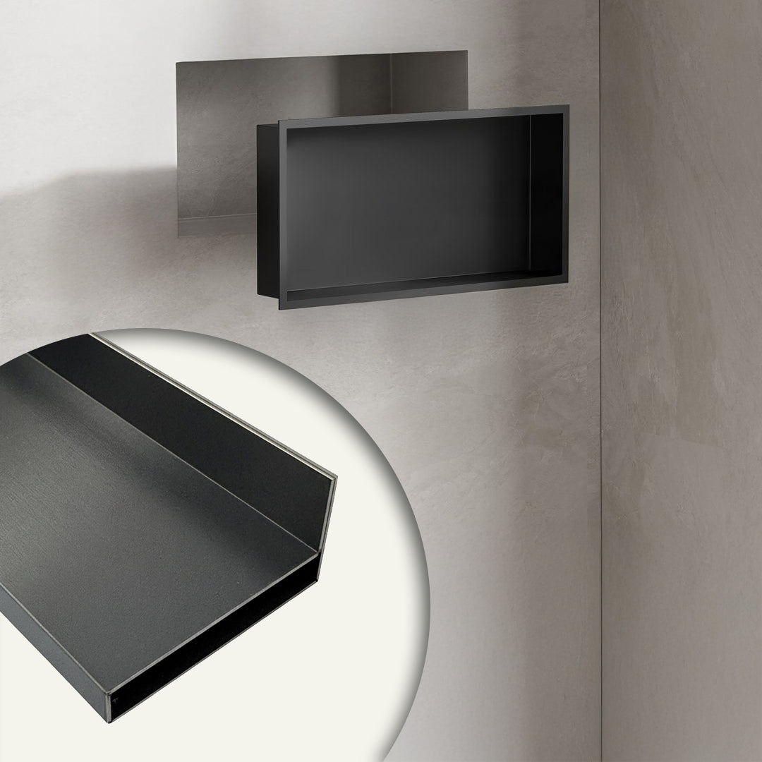 Black stainless steel shelf profile, 6cm wide, designed for wall panels, by BEACON, model JYF0504.