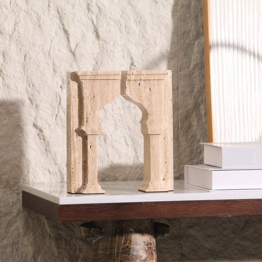 Set of two BEACON stone archway bookends, decorative gray stone design for supporting books on a shelf.
