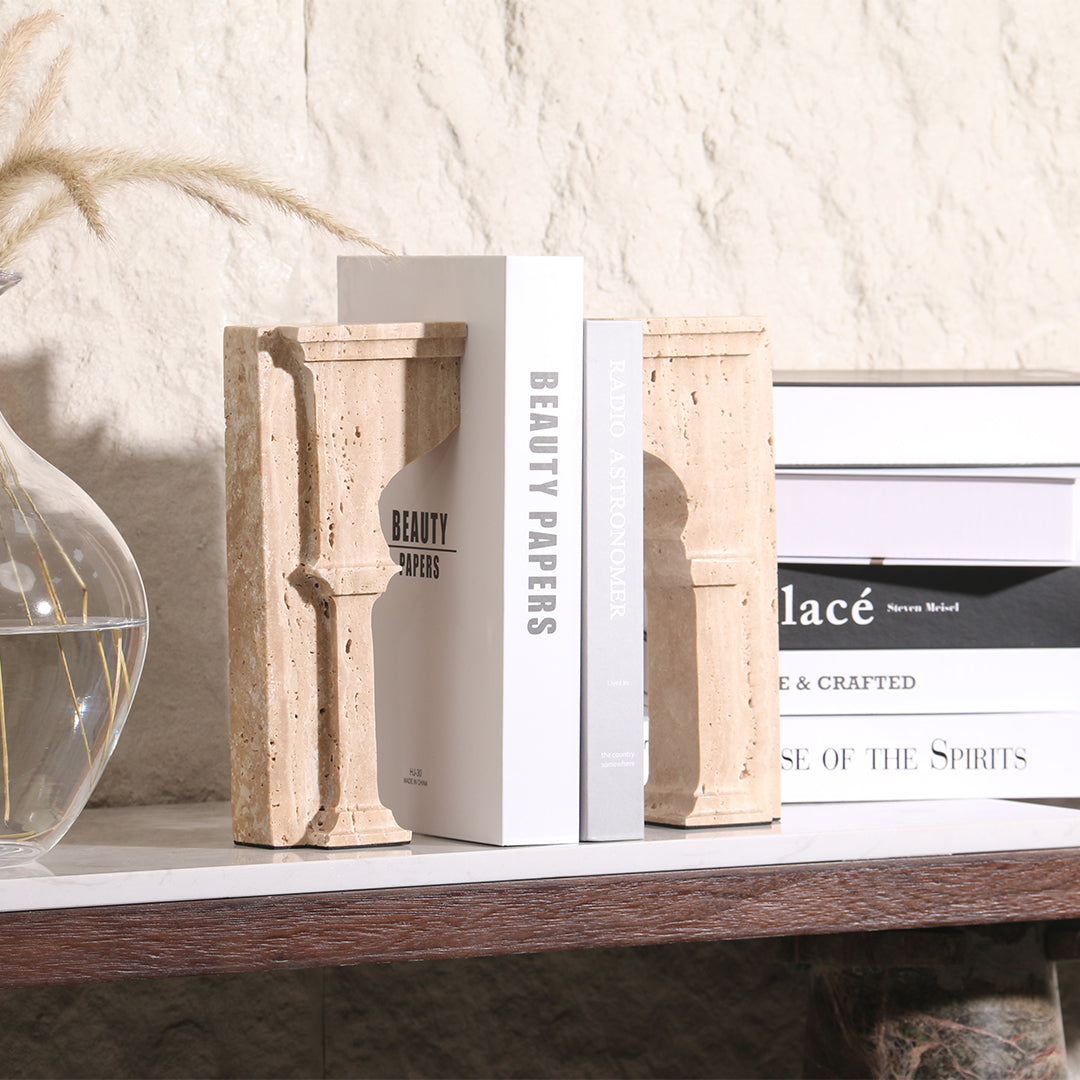 Set of two stone archway bookends by BEACON, featuring detailed stone design for supporting books and decorative display.
