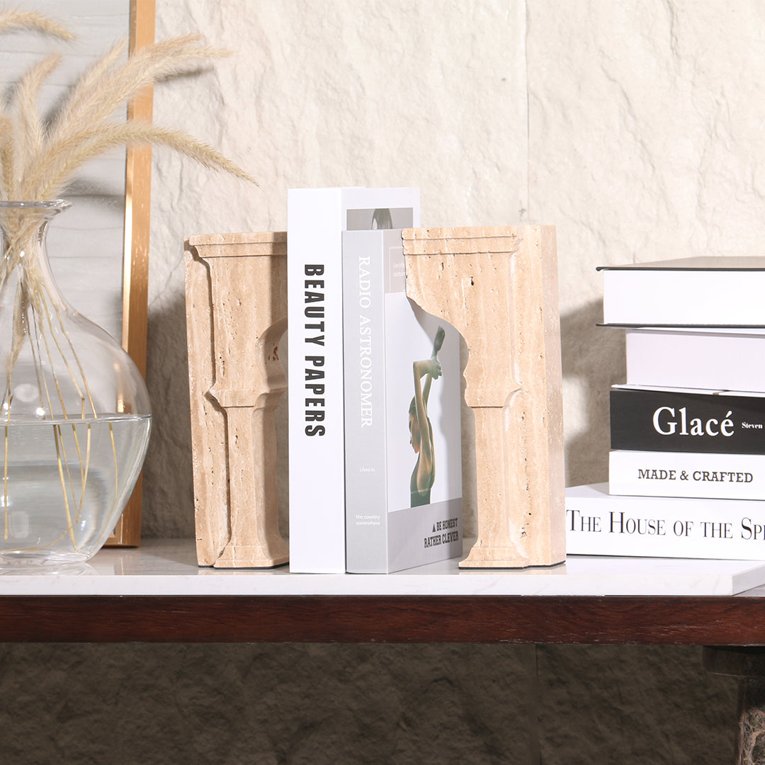 Set of two BEACON stone archway bookends, decorative stone-themed metal bookends for holding books on a shelf.