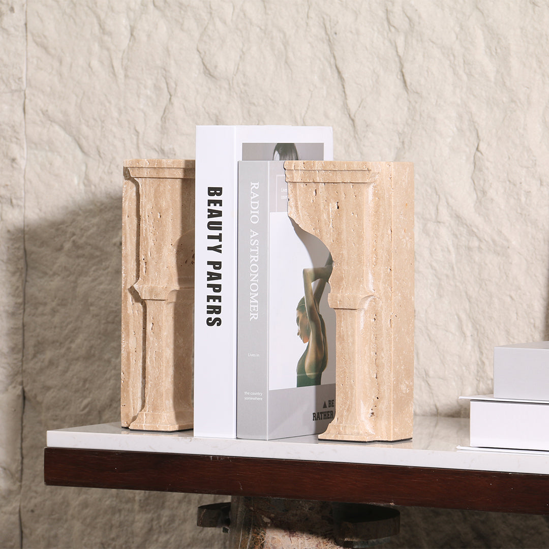 Set of 2 stone archway bookends by BEACON, featuring detailed stone design, perfect for holding books upright on a shelf.