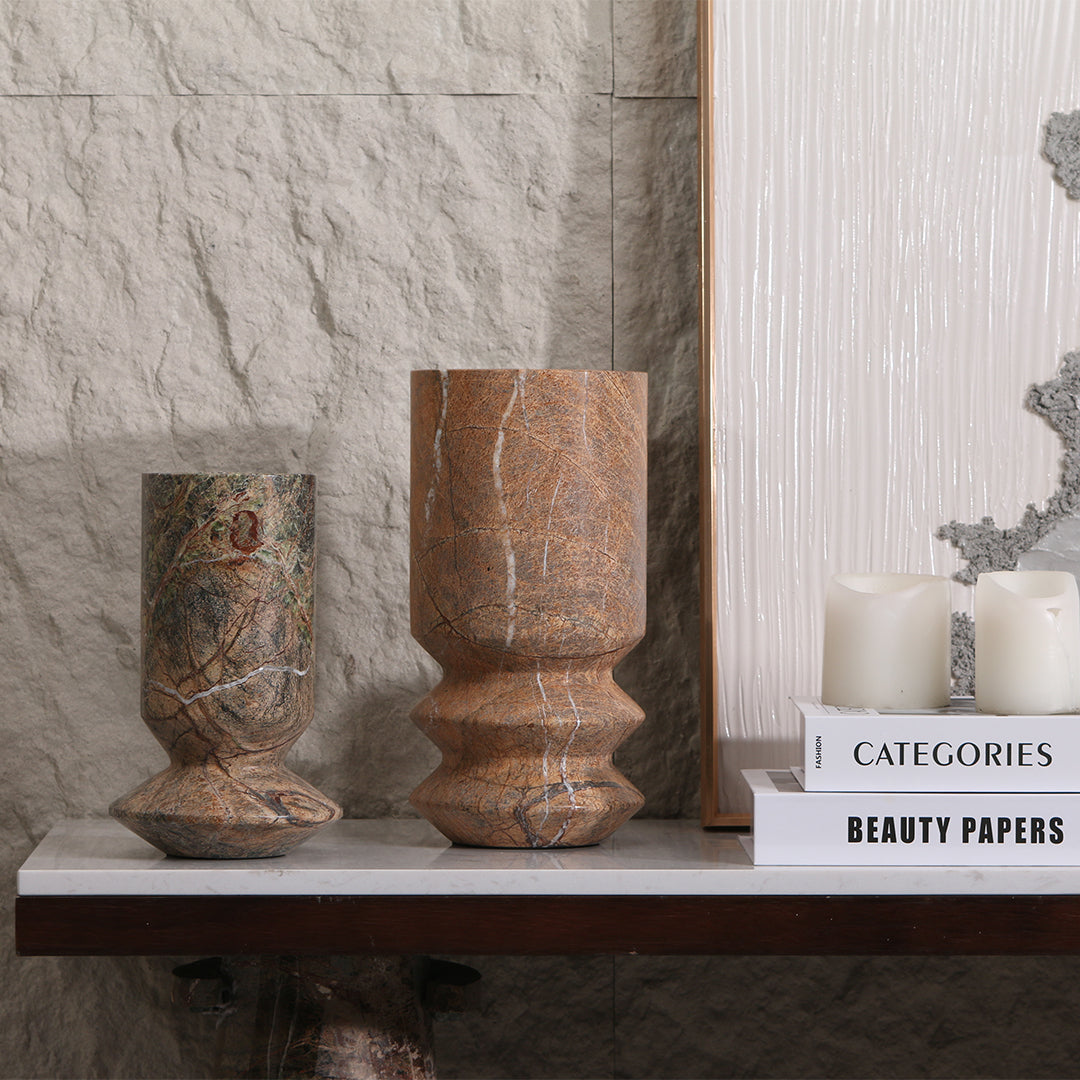 Beige stone vase from BEACON, model KB3017AL, with a tall, cylindrical shape and smooth textured surface.