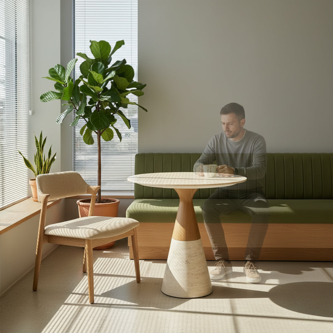 Beige Stratum Lounge Dining Table by BEACON, modern wooden table with sleek design, perfect for dining and lounge areas.