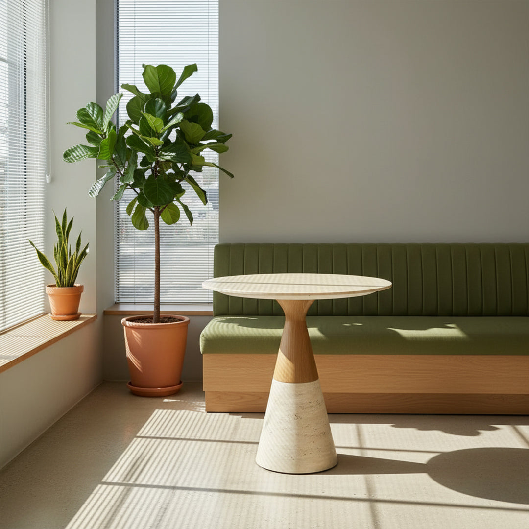 Beige Stratum Lounge Dining Table by BEACON with sleek modern design, suitable for contemporary dining spaces.