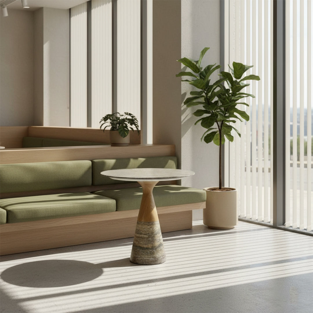 Gray Stratum Lounge Dining Table by BEACON, showcasing a modern design with a smooth tabletop and sturdy legs.