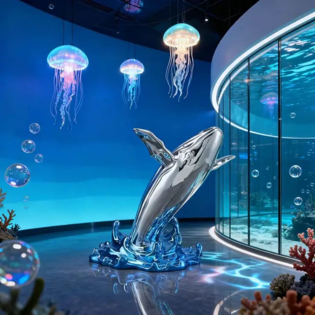 Long whale-shaped fiberglass sculpture artwork by BEACON, featuring a sleek, modern design in a textured finish.