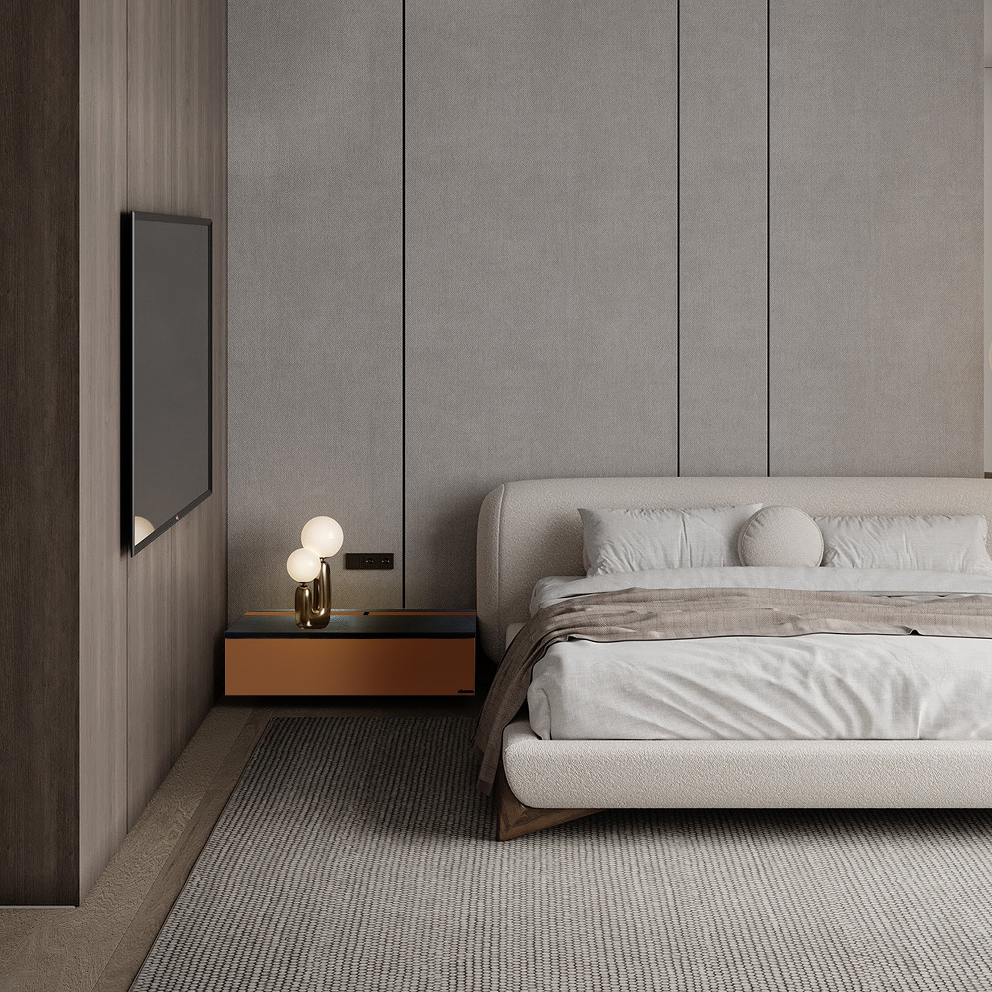 Orange suspended modular wall unit and TV dresser, 160cm, by BEACON, featuring sleek storage and modern design.