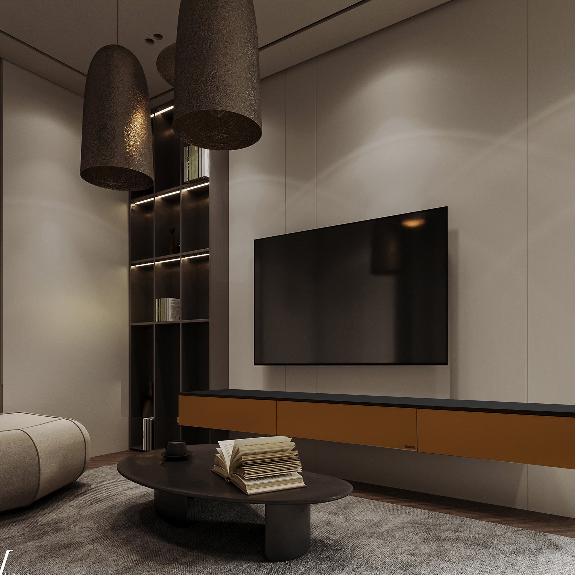 Orange BEACON suspended modular wall unit and TV dresser, 160cm, modern storage and entertainment console.