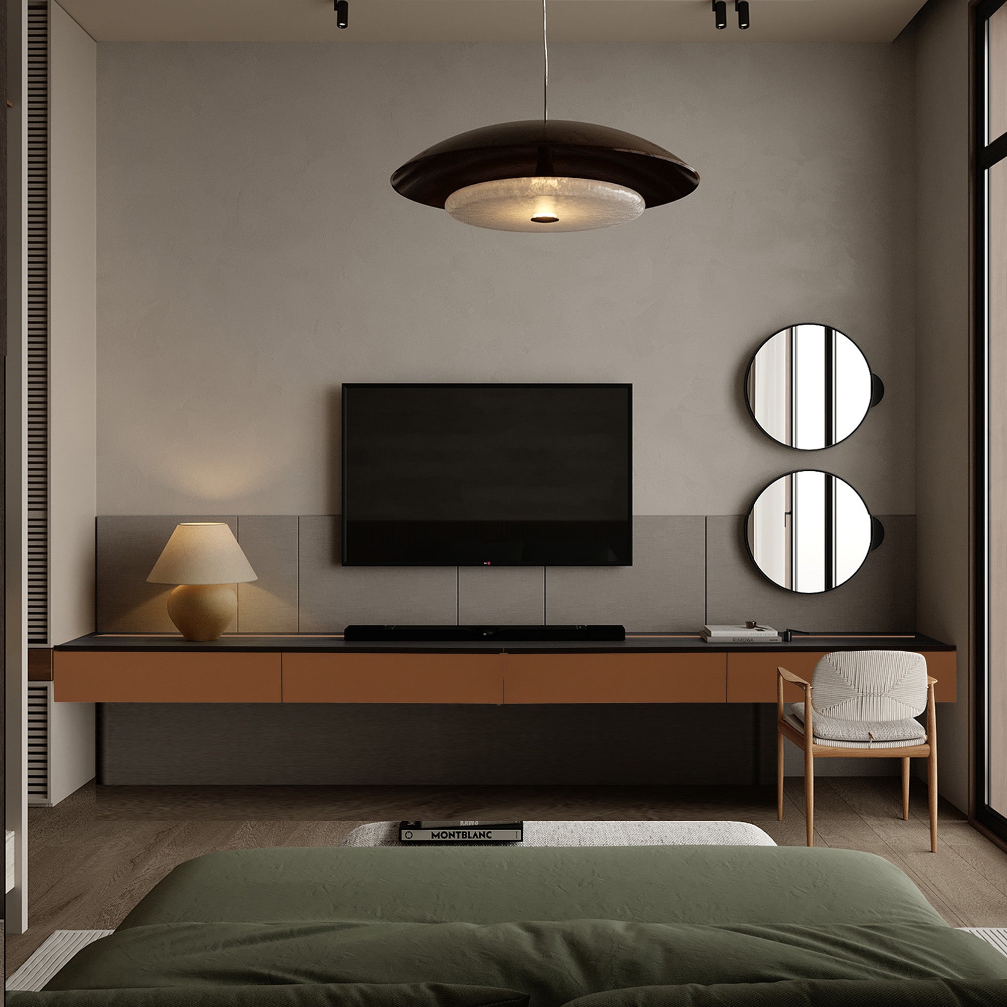 Orange BEACON suspended modular wall unit and TV dresser, 160cm, with sleek storage design for modern living spaces.
