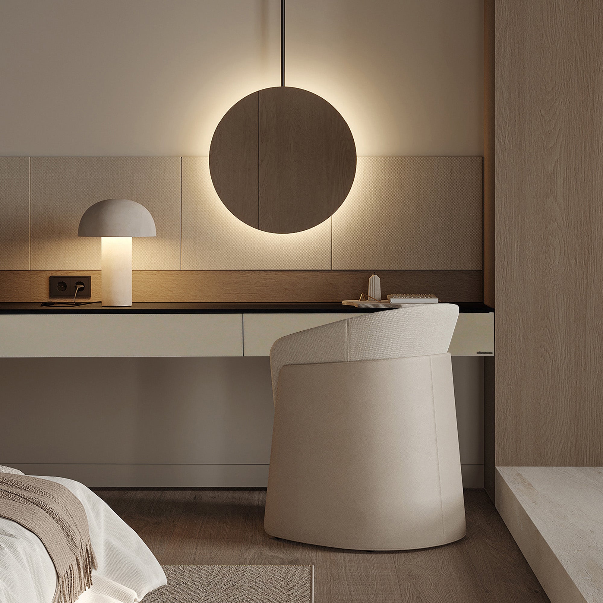 Beige suspended modular wall unit and side table for storage and TV setup, 80cm size, by BEACON, modern design.