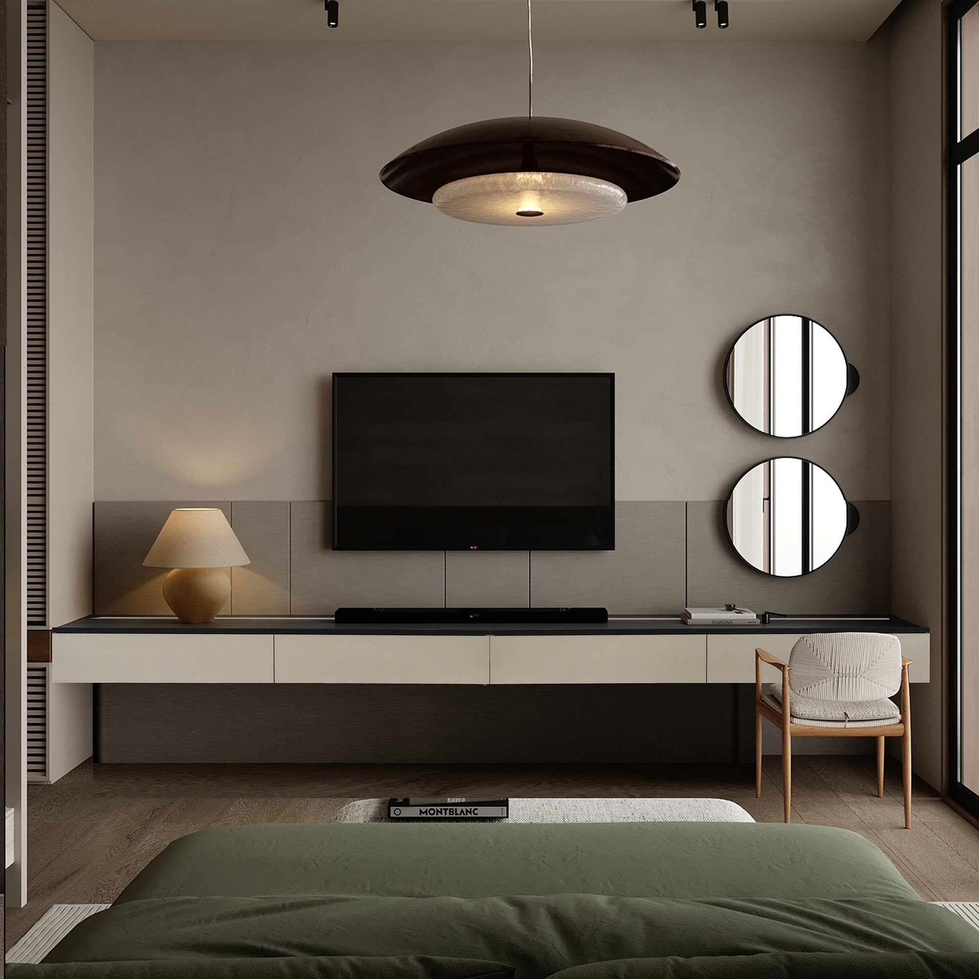 Beige suspended modular wall unit and side table for storage or TV setup, 80cm BEACON MLL-CUS02-M5 design.