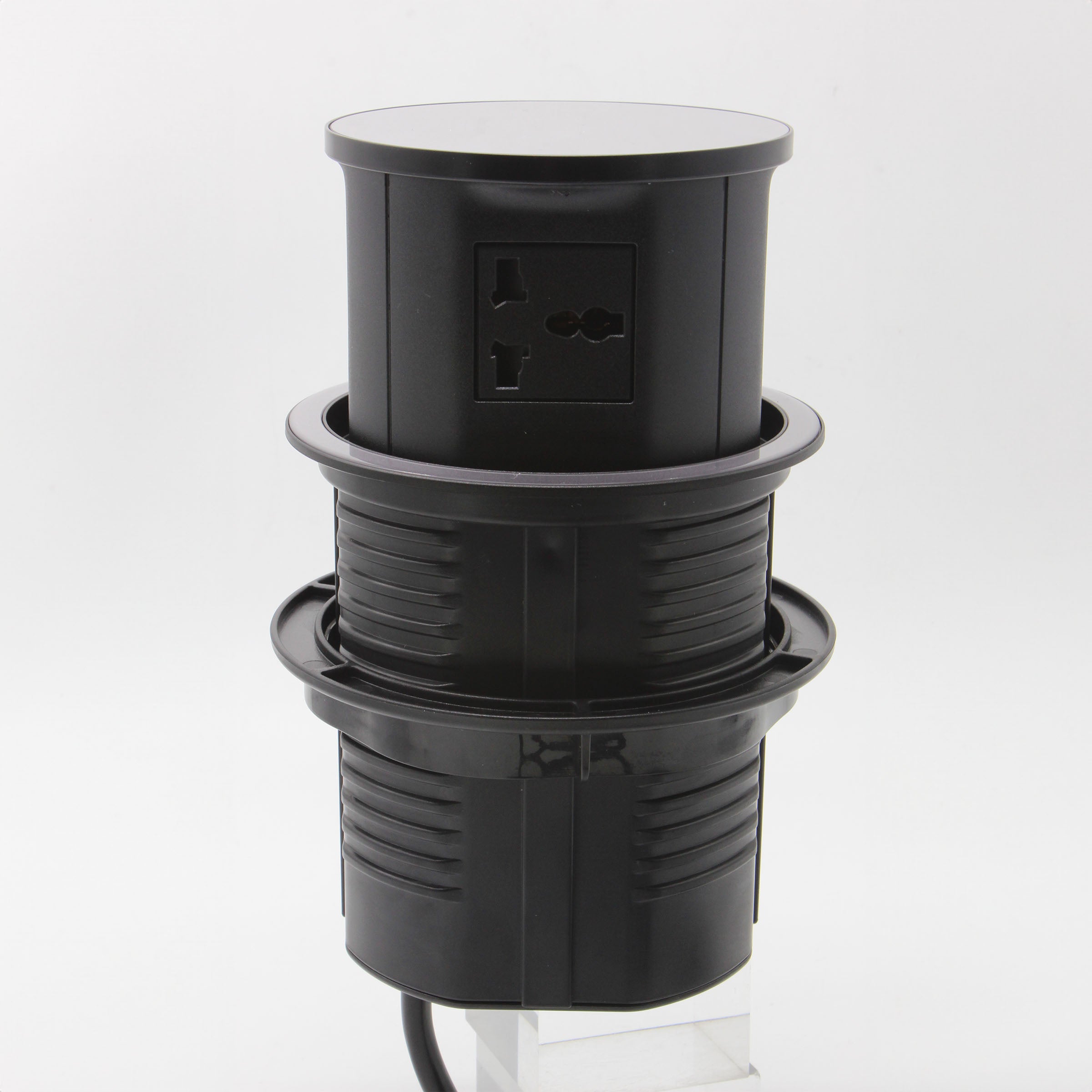Tempered glass pop-up socket from BEACON JXB-015A smart socket with multiple outlet ports and sleek design.