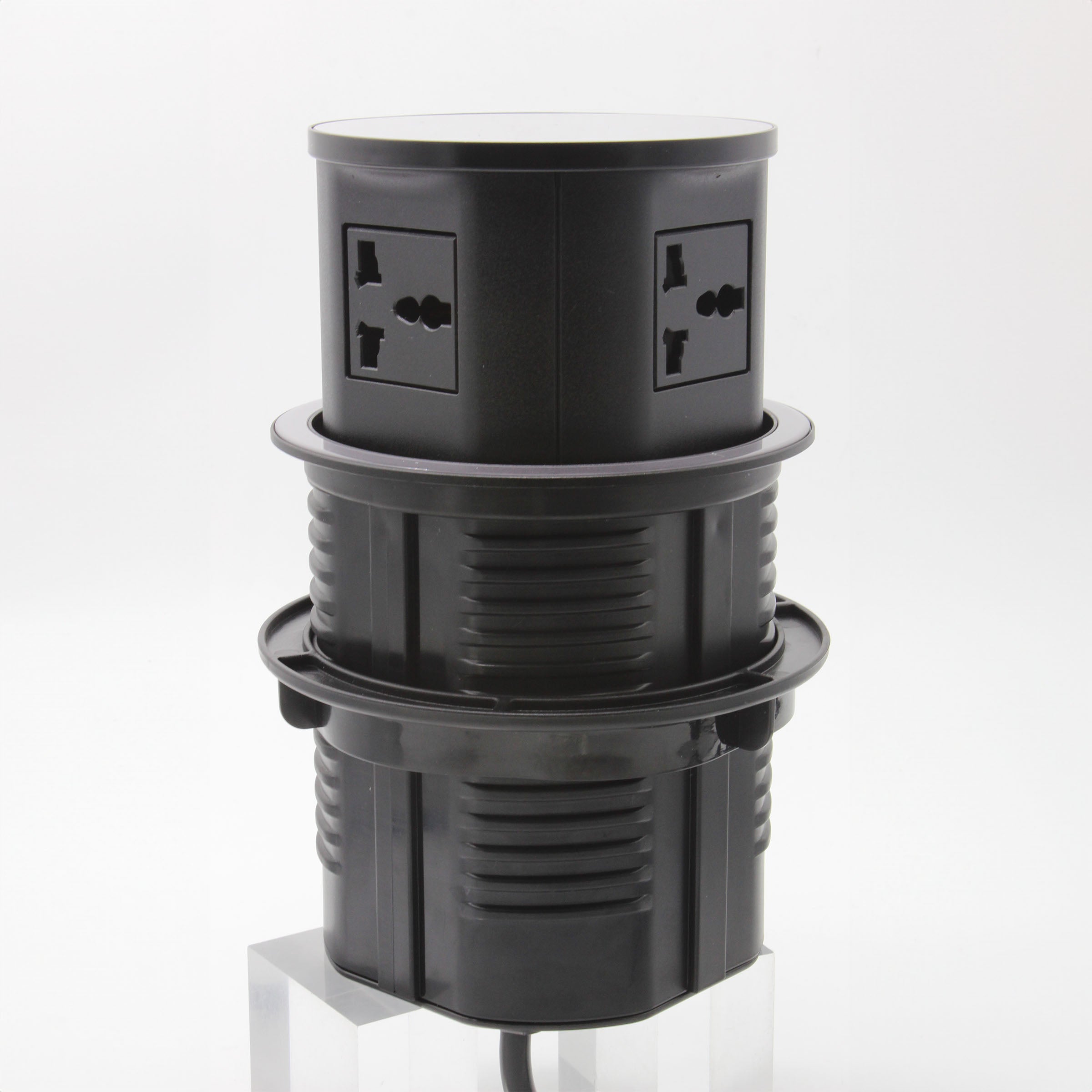 Tempered glass pop-up smart socket JXB-015A by BEACON, featuring multiple outlets and a sleek, modern design.