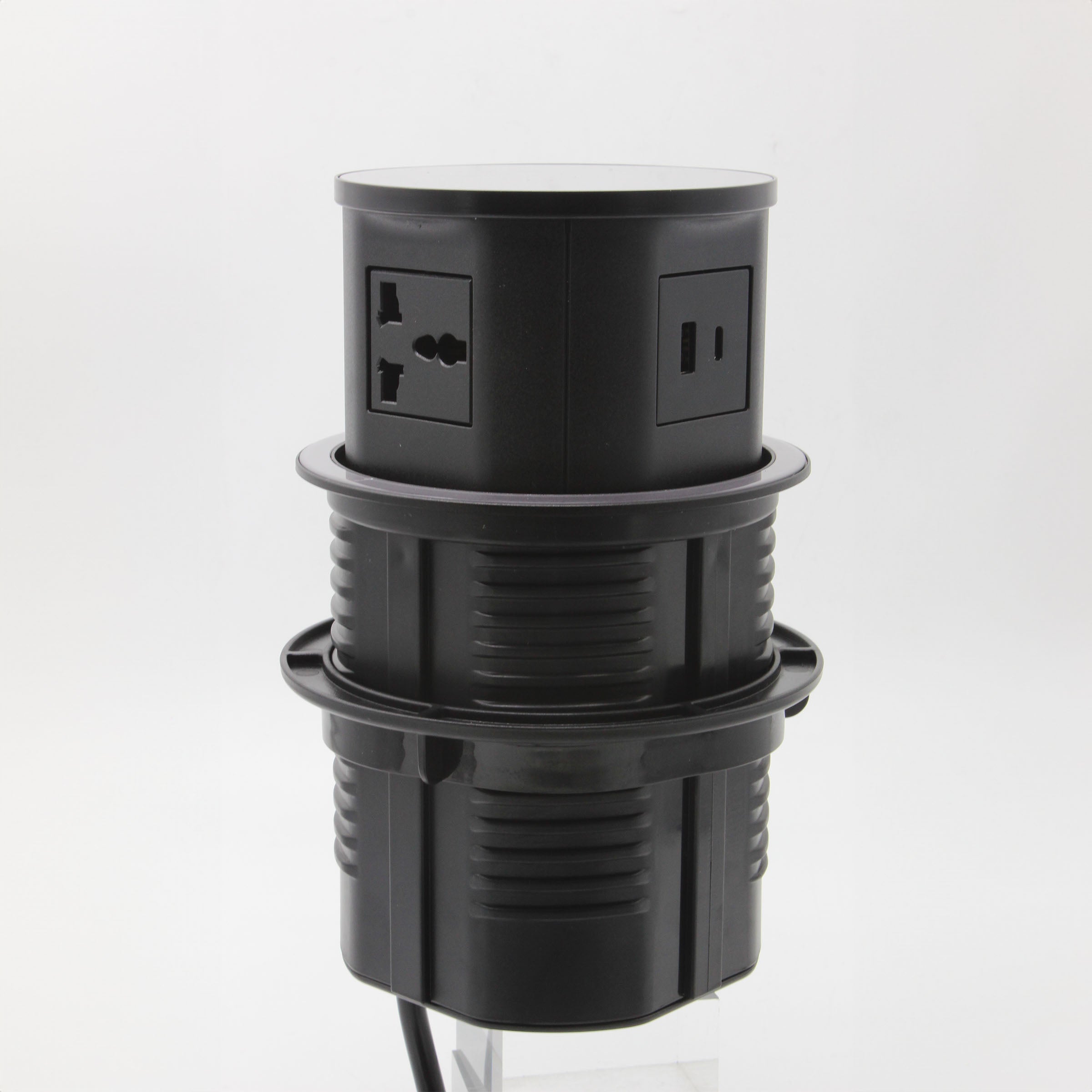 Tempered glass pop-up socket JXB-015A smart socket by BEACON with multiple power outlets and USB ports.