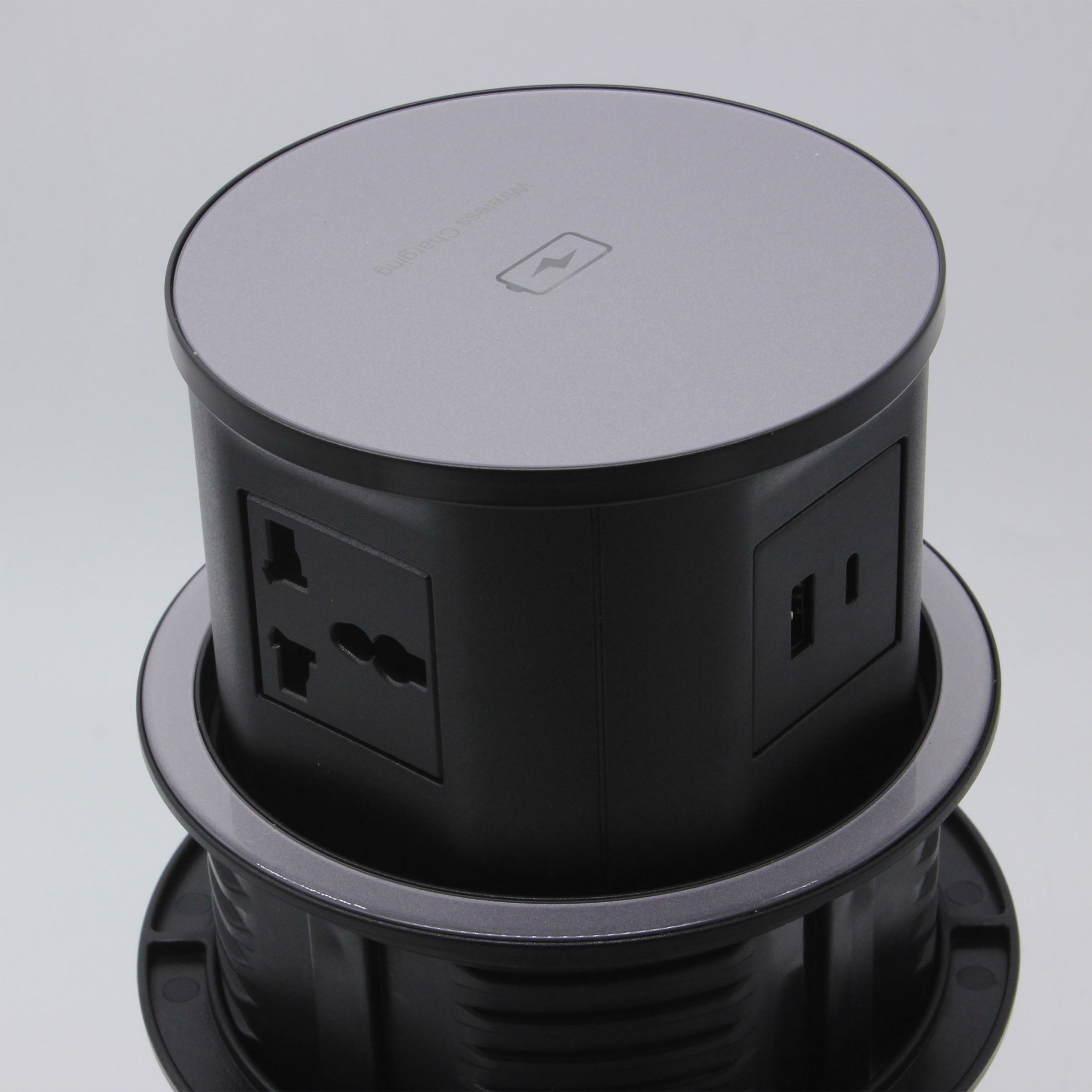Tempered glass pop-up smart socket JXB-015A by BEACON with multiple outlet ports, designed for sleek, modern electrical access.