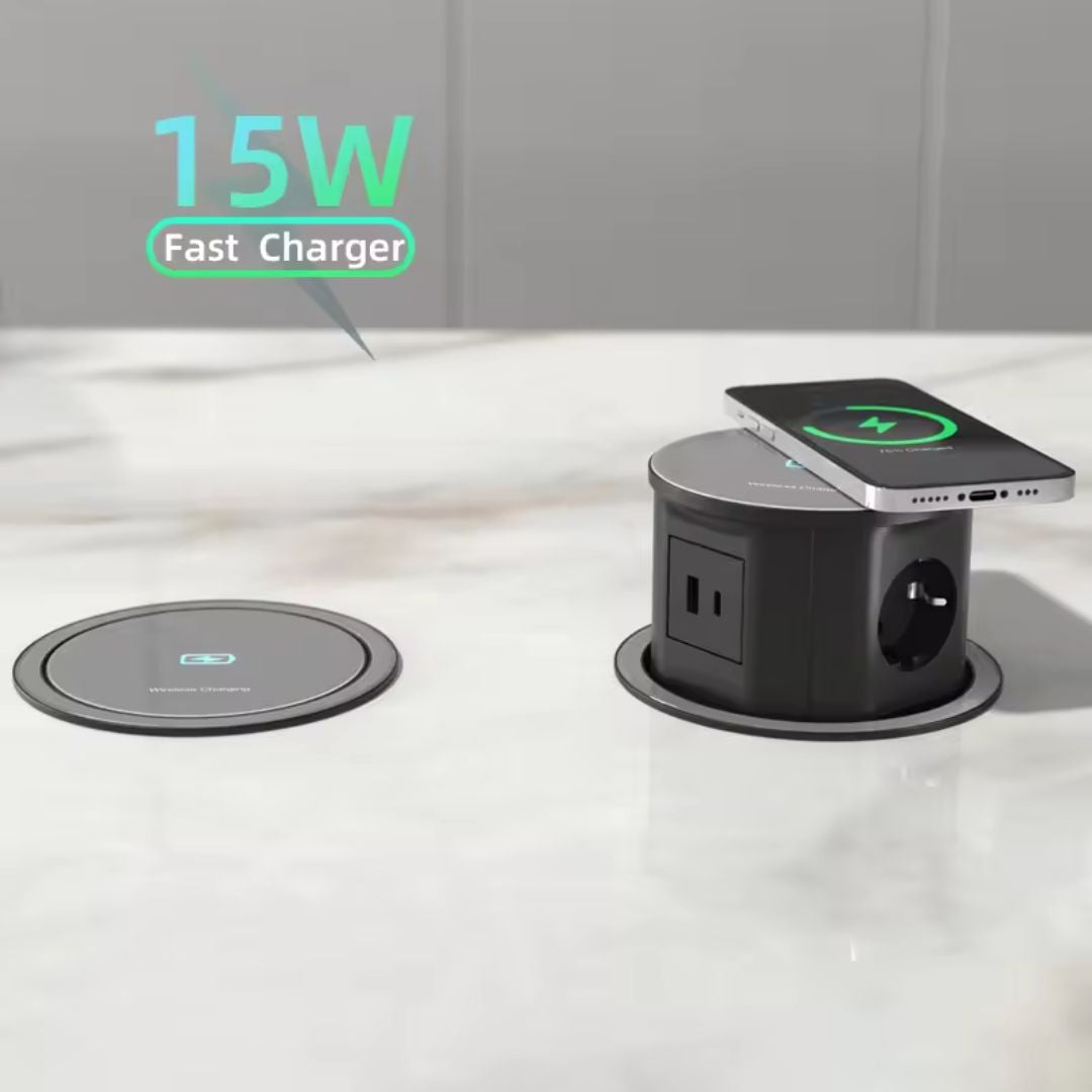 Tempered glass pop-up socket by BEACON JXB-015A, smart socket with sleek glass cover and multiple power outlets.