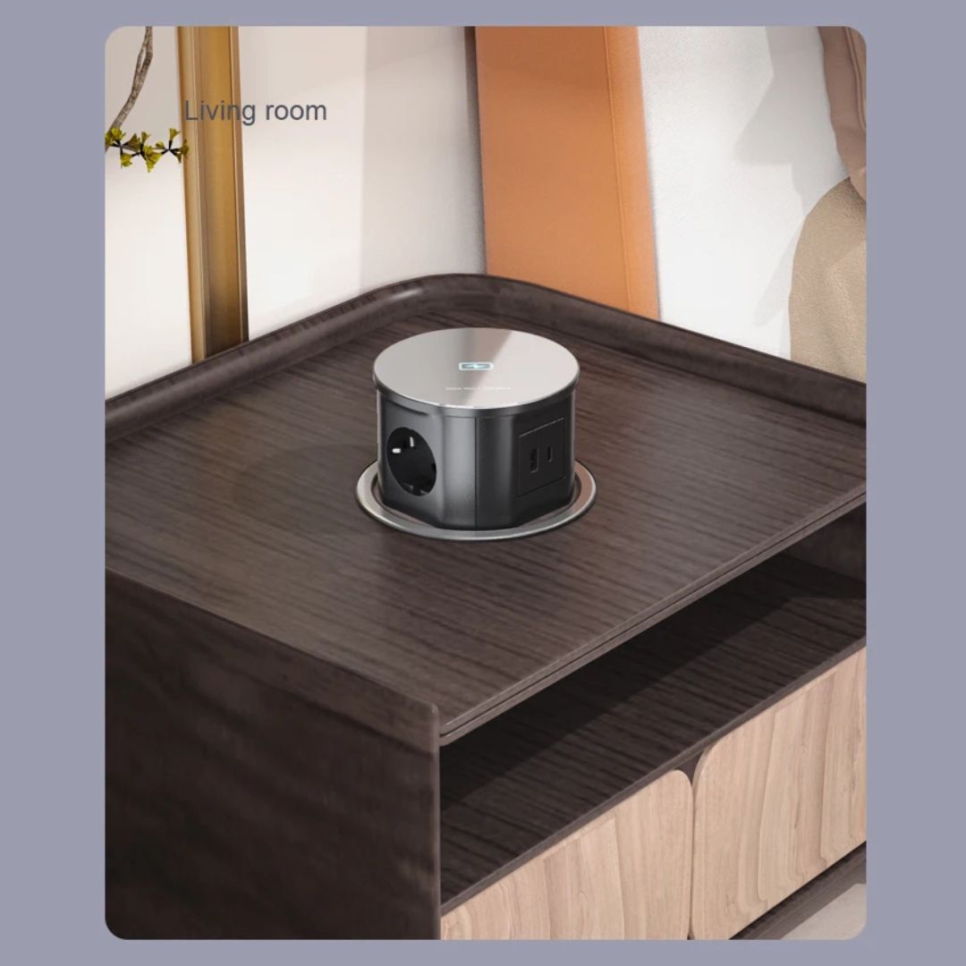 Tempered glass pop-up smart socket JXB-015A by BEACON with multiple power outlets and USB ports, installed on a modern desk.
