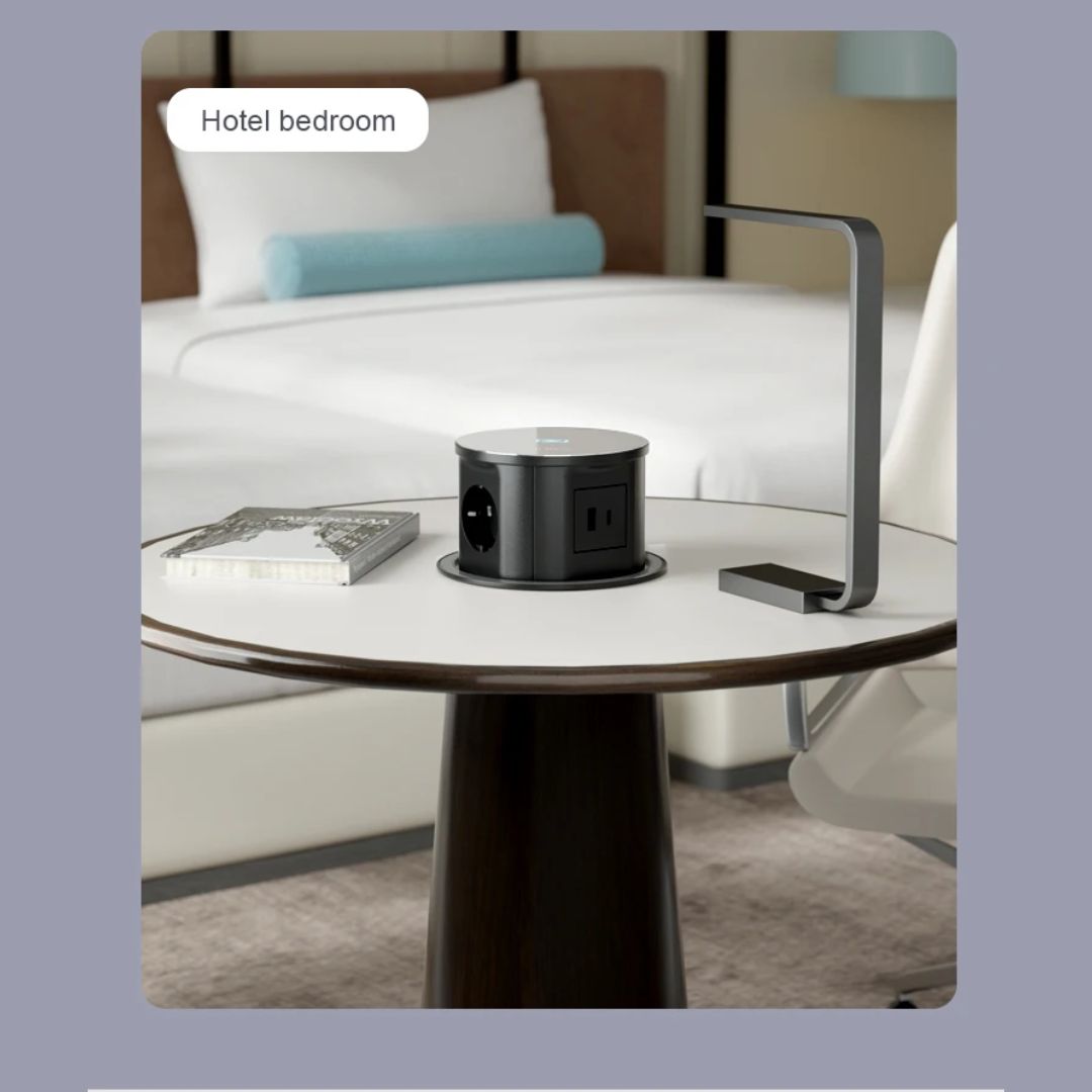 Tempered glass pop-up smart socket JXB-015A by BEACON, featuring multiple power outlets and USB ports for versatile charging.